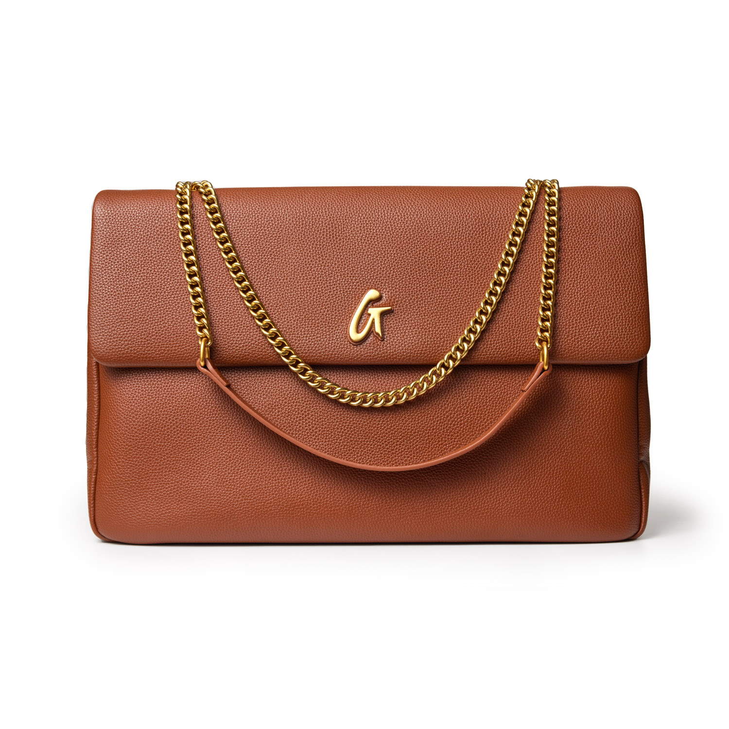 Large brown pebble leather flap bag with gold chain strap and a gold "G" logo on the front.