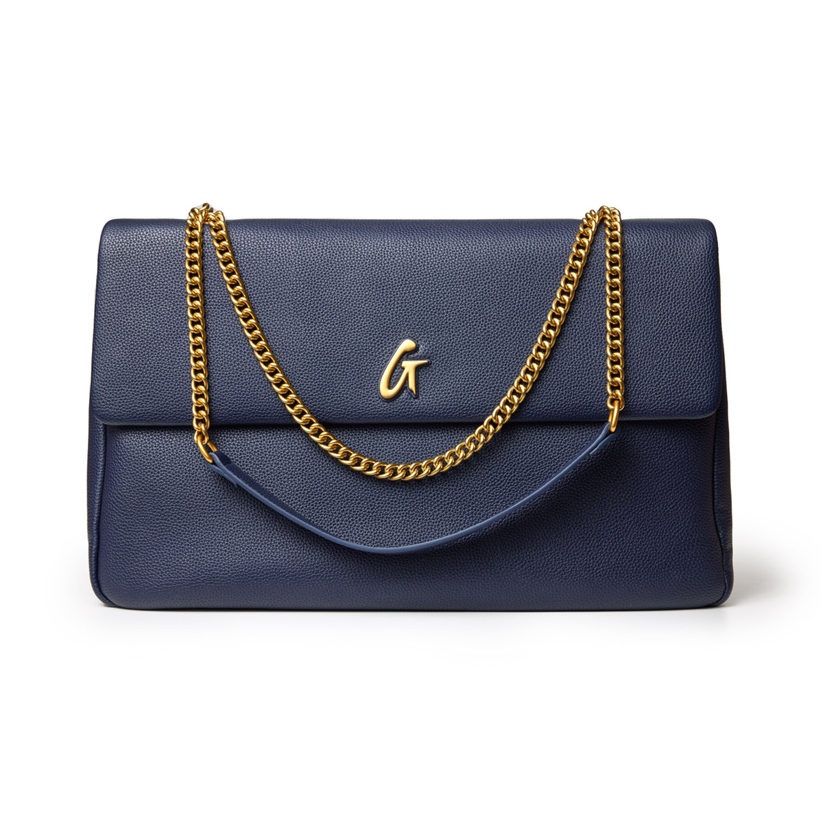 Large navy pebble leather flap bag with gold chain strap and a gold "G" logo on the front.
