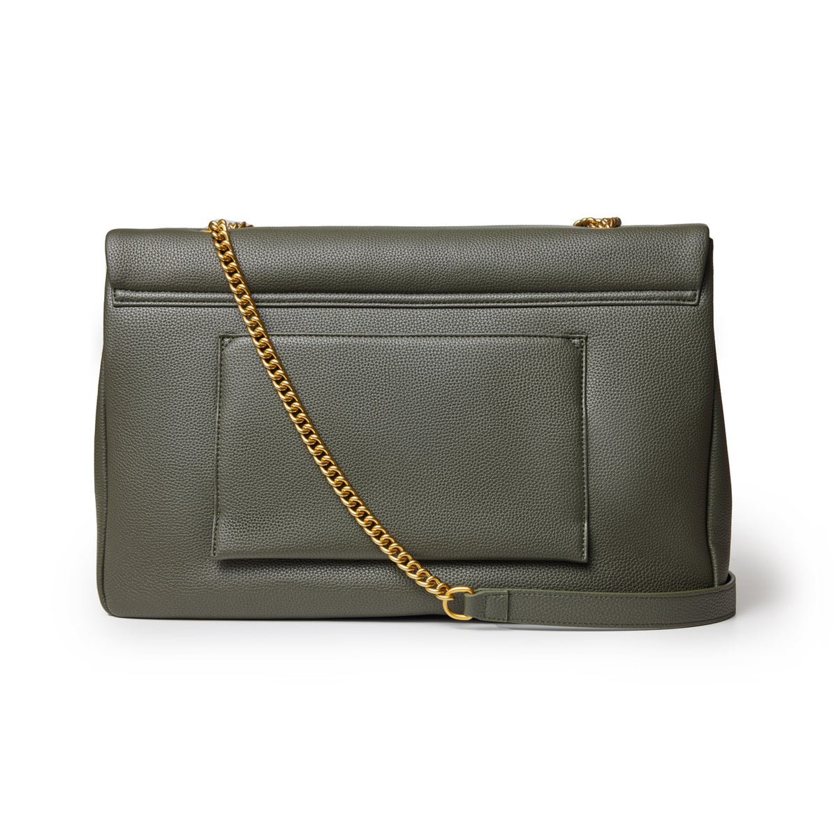 Olive green XL pebble flap bag with a front pocket and a gold chain strap on a white background.
