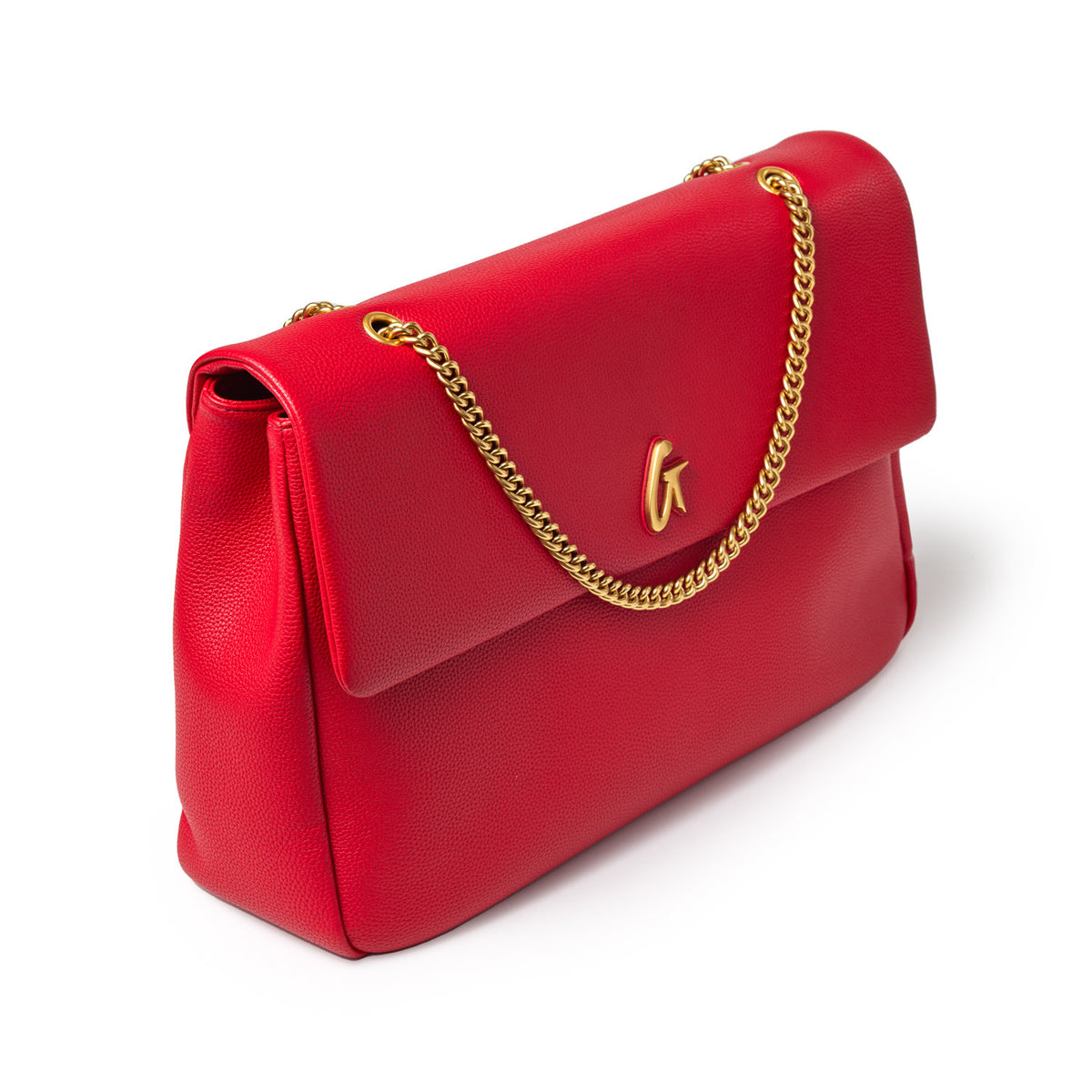Red XL Pebble Flap Bag with gold chain strap and logo detail, made of textured leather.