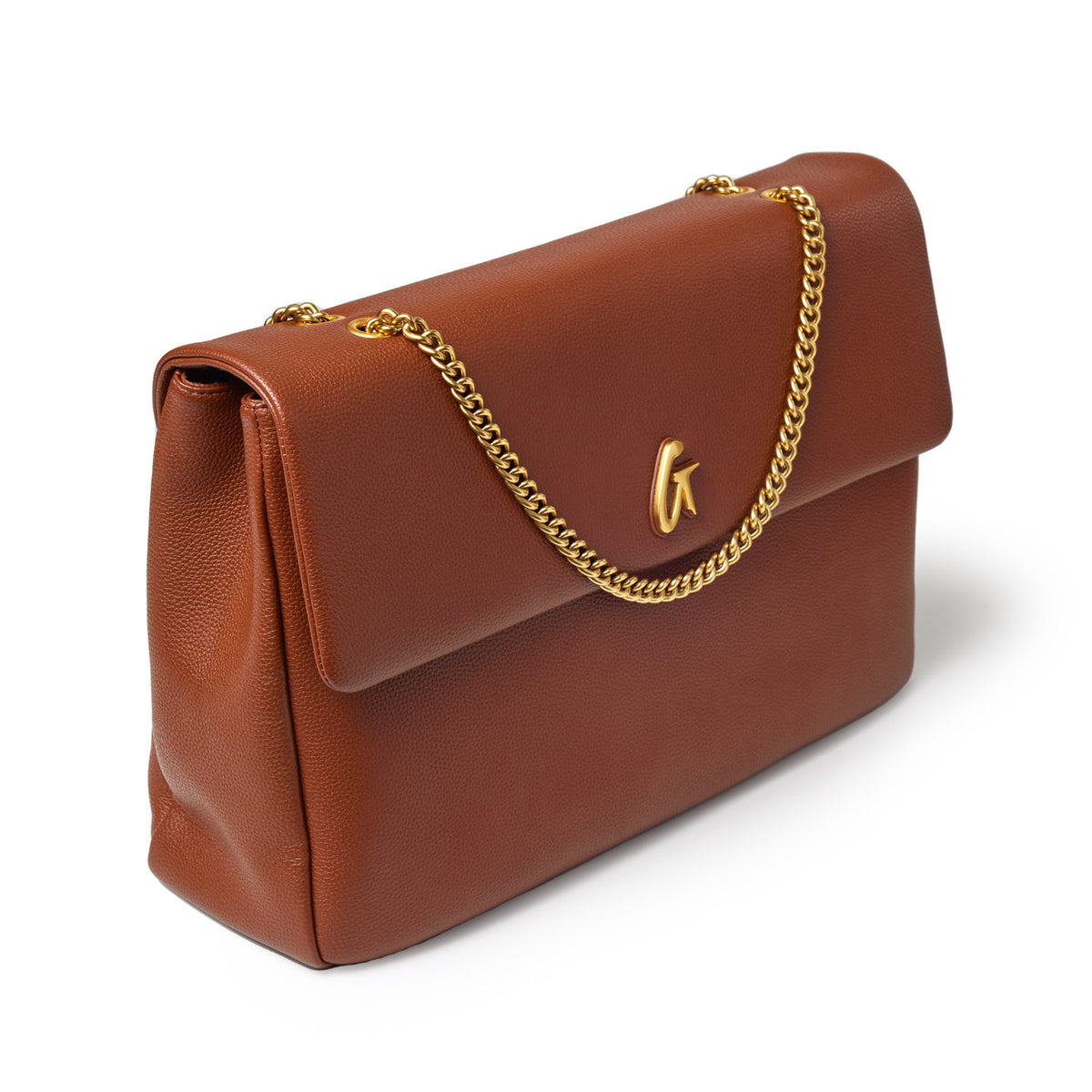 Brown XL Pebble Flap Bag with a gold chain strap and logo detail, made of textured leather.