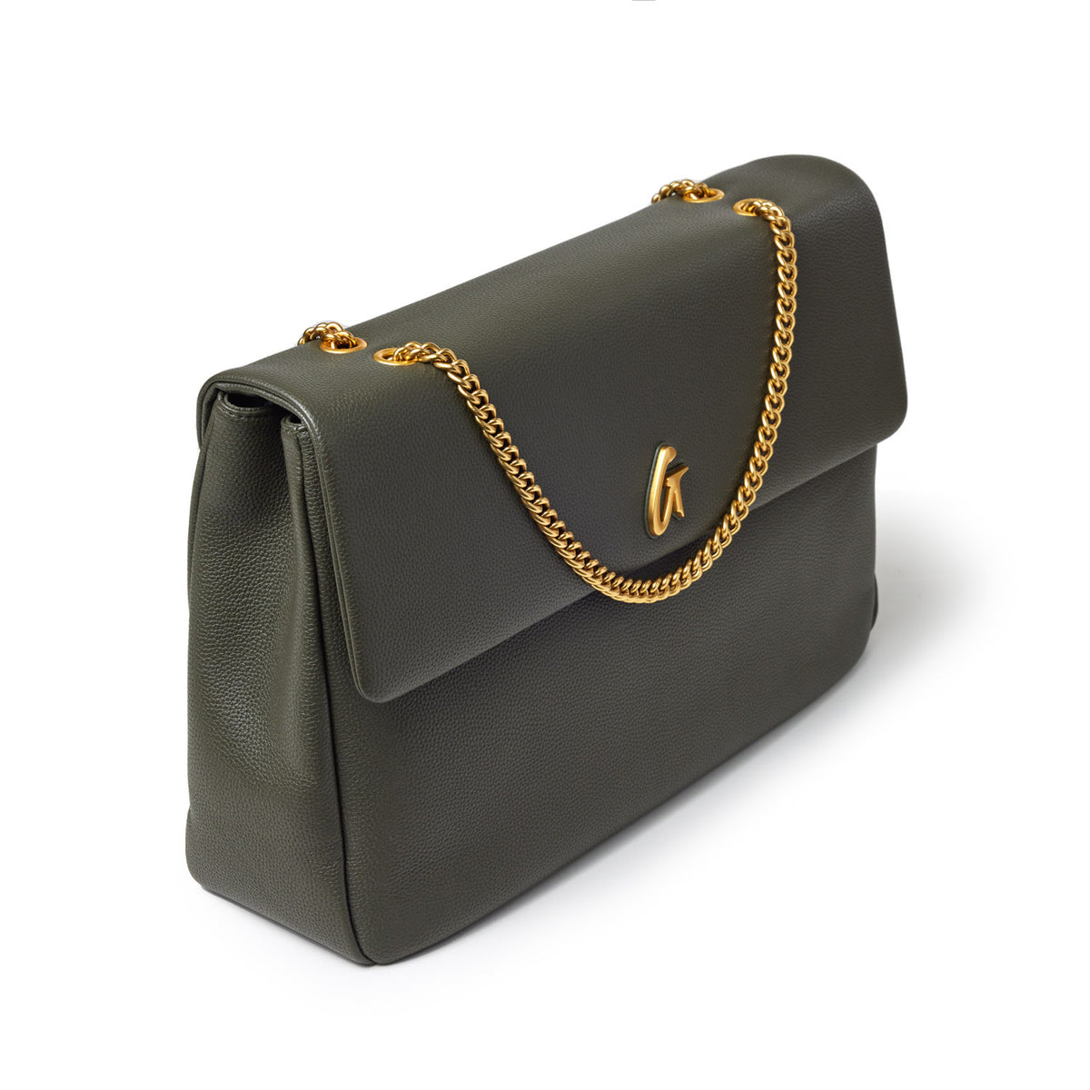 Olive green XL Pebble Flap Bag with gold chain strap and logo detail, made of textured leather.