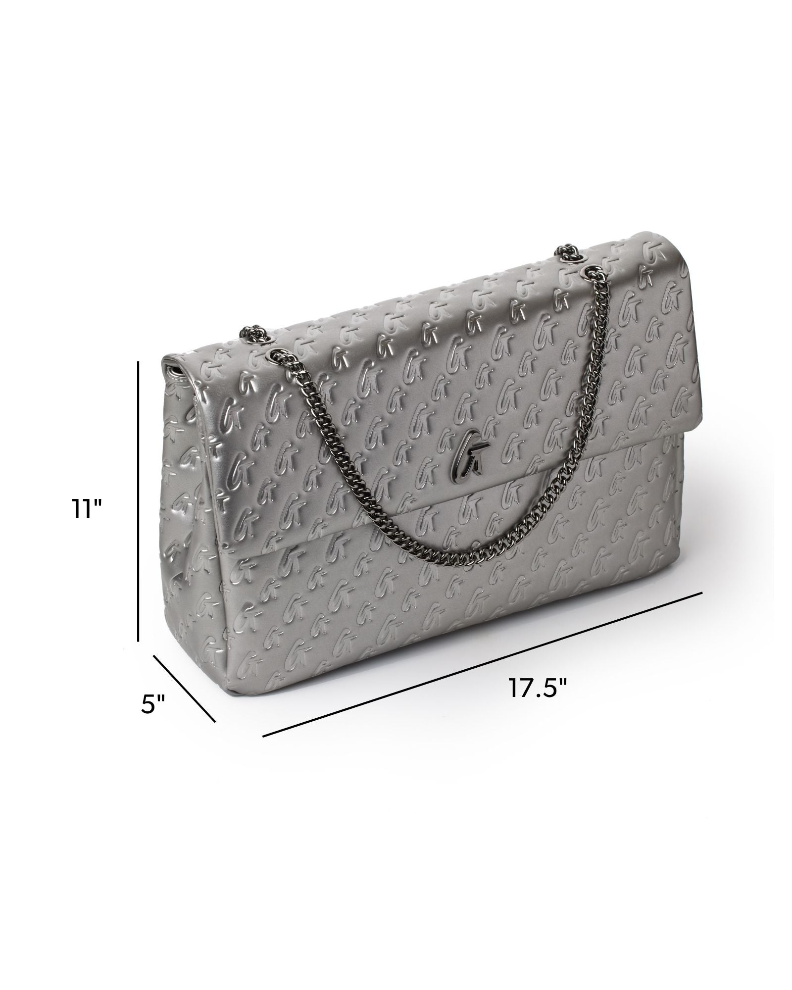 XL Monogram Flap Bag in Platinum features a chic design with a chain strap, perfect for stylish, affordable luxury.