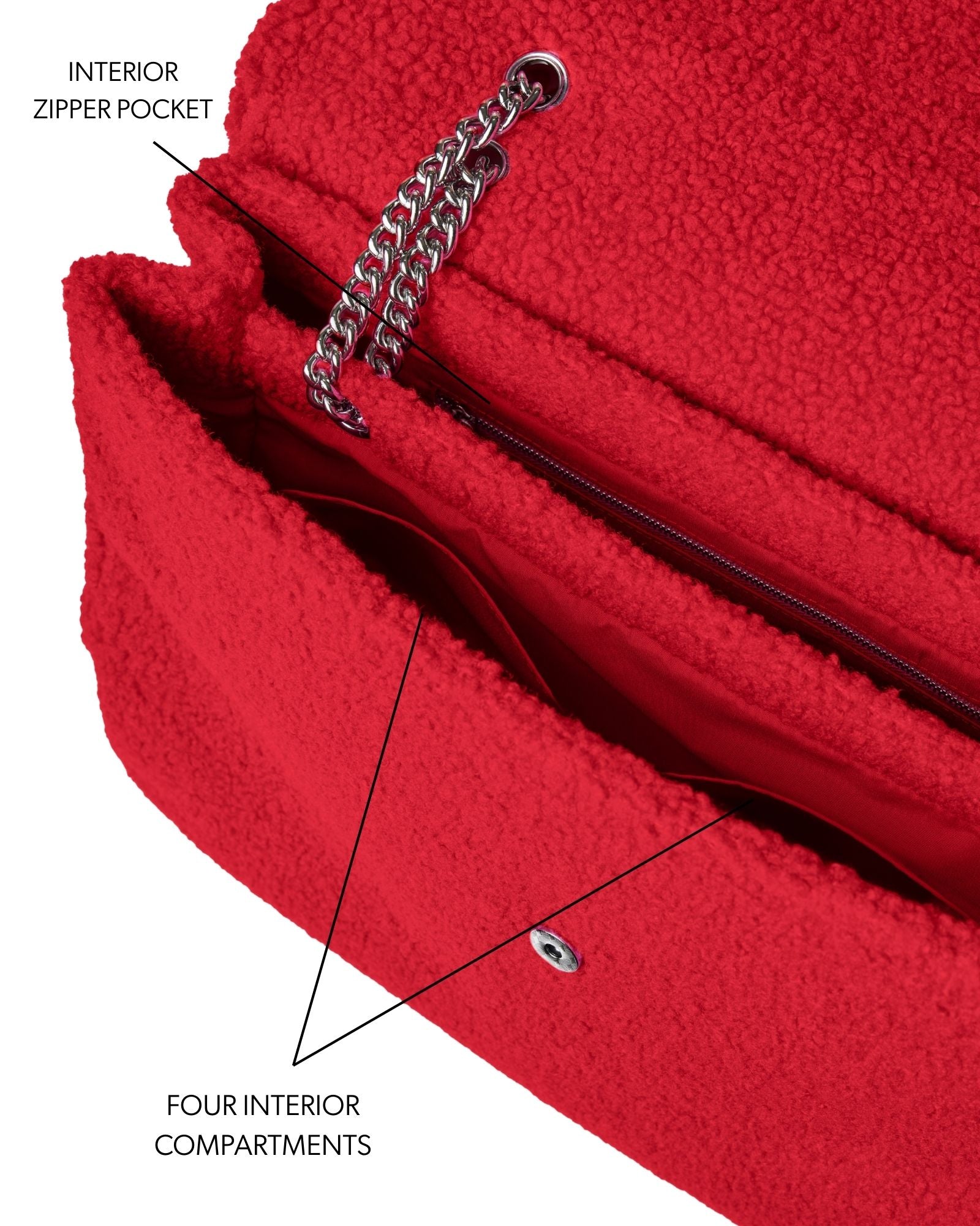 XL Teddy Flap Bag in red featuring a soft texture, interior zipper pocket, and four compartments for organization.