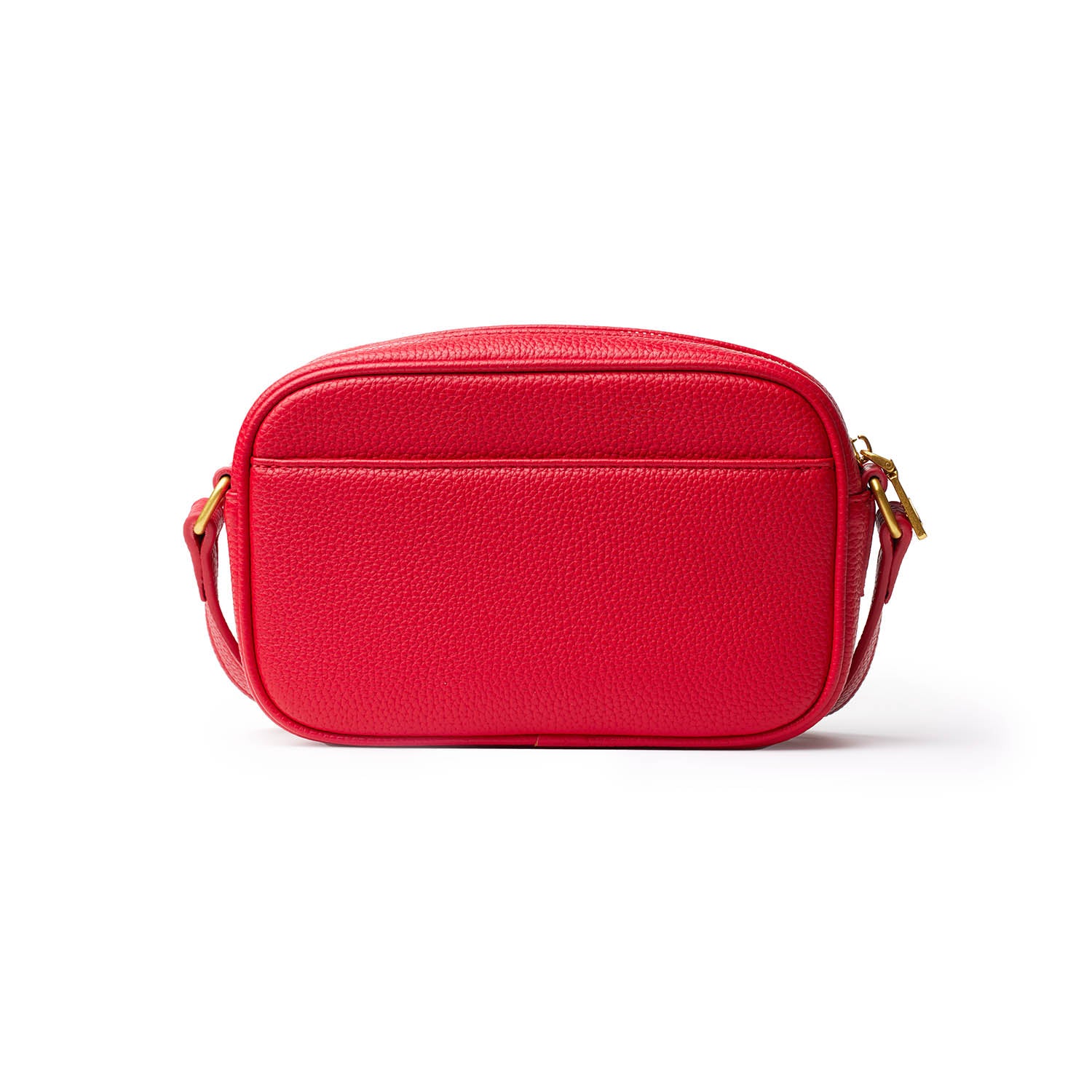 Red mini pebble leather camera bag with gold hardware and adjustable strap, designed for compact storage.