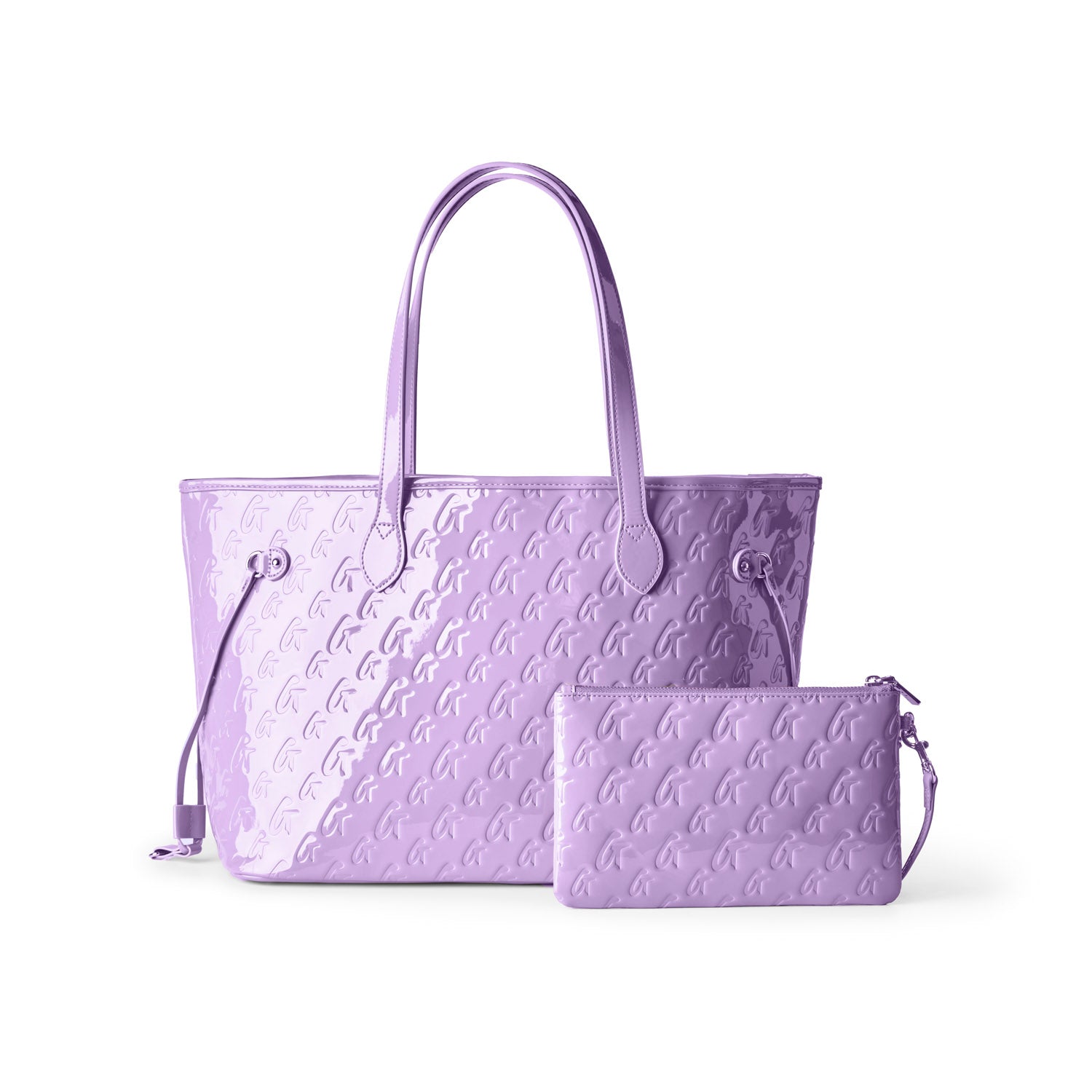 Lavender monogram tote bag with matching wristlet, featuring a stylish embossed design and spacious interior.