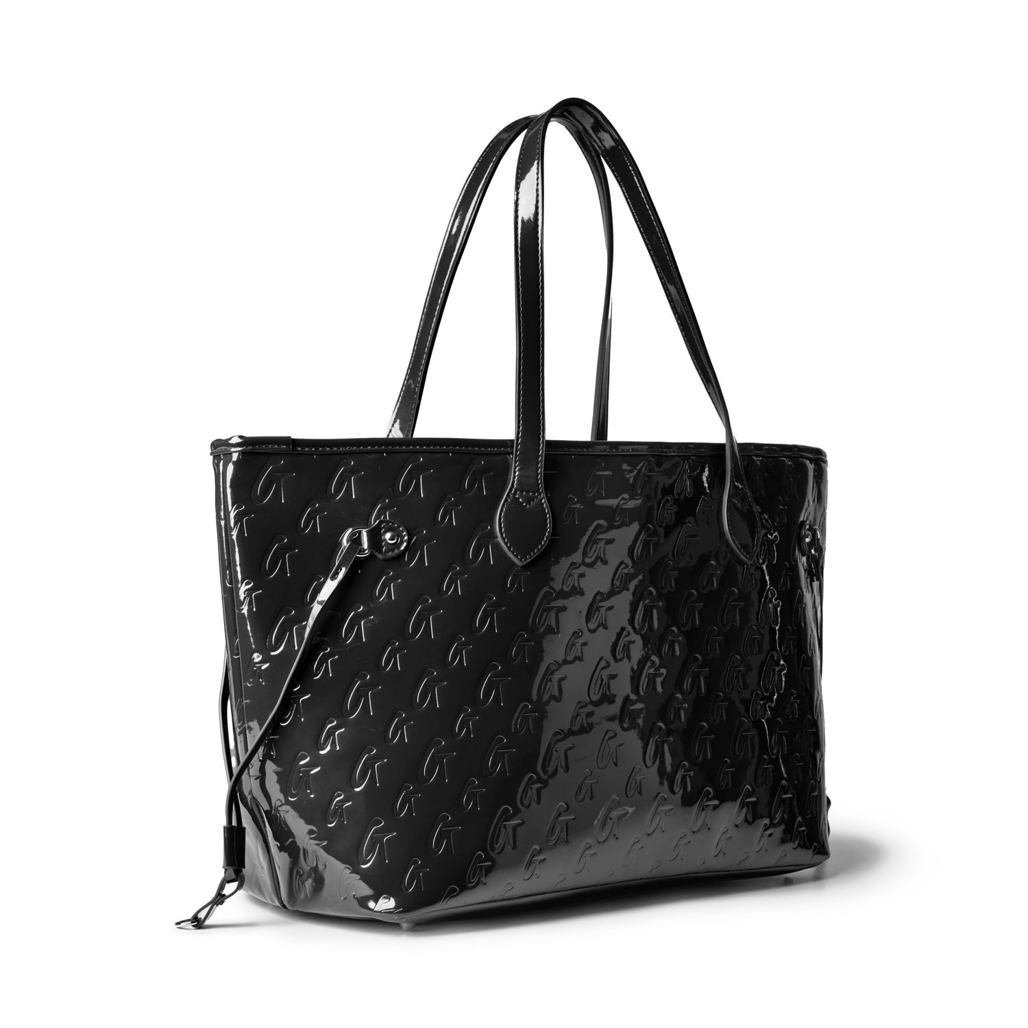Sleek black monogram tote bag with glossy finish and dual handles, perfect for stylish everyday use.