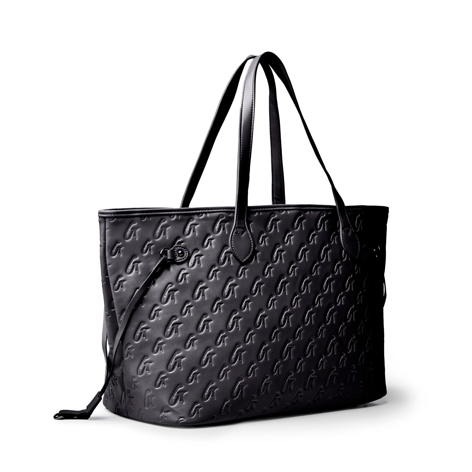 Stylish black tote bag with embossed monogram design and pink accents, perfect for everyday luxury.