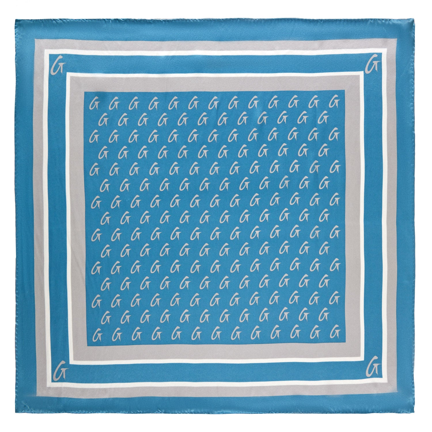 Medium blue silk scarf with a silver monogram pattern and border, featuring a stylish, elegant design.