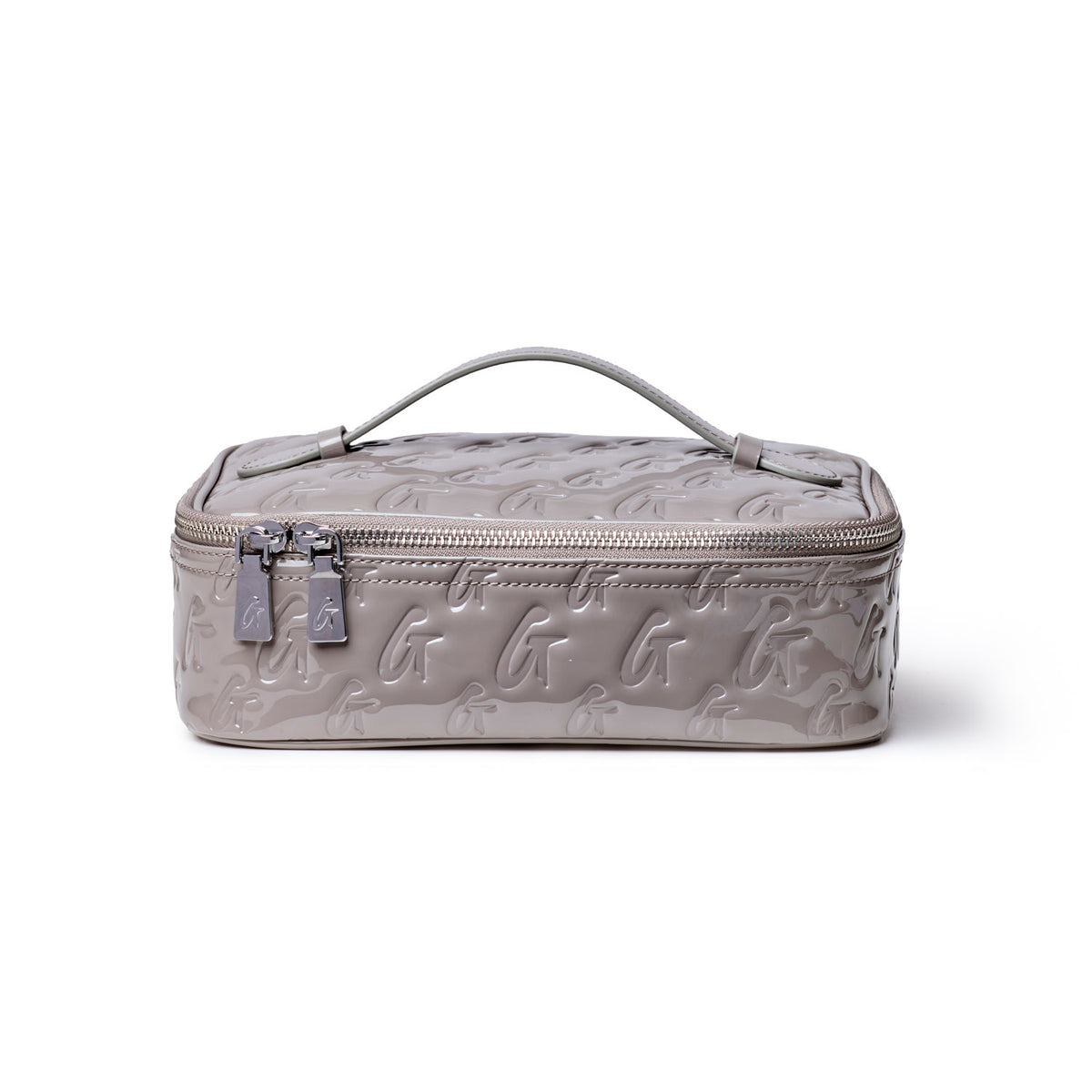 Medium monogram toiletry bag in mirror gray with a sleek design and top handle for easy carrying.