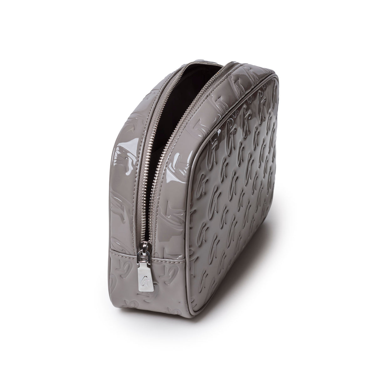 Small monogram toiletry bag in mirror gray with a sleek design and zip closure, perfect for stylish organization.