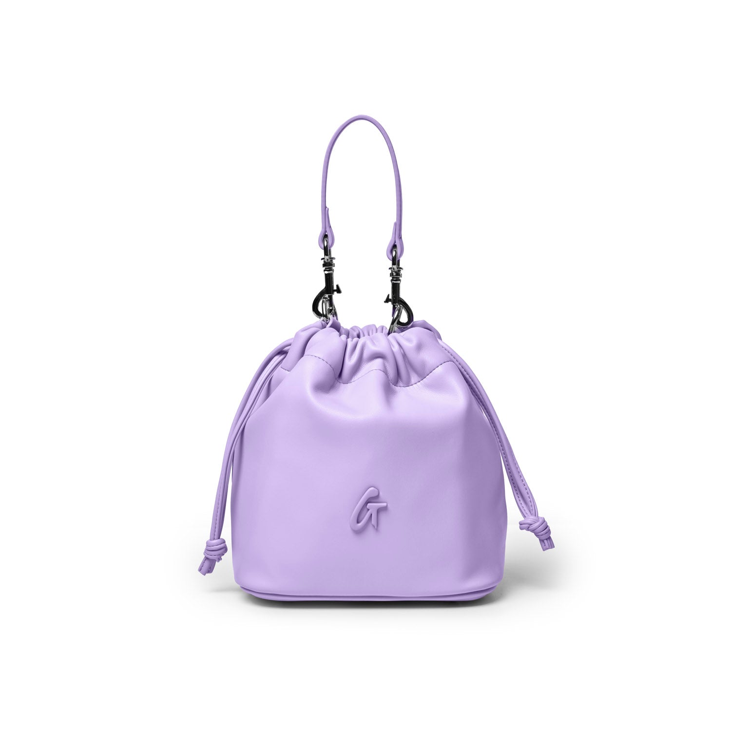 Lavender mini drawstring bucket bag with a sleek design and adjustable straps, perfect for stylish, affordable luxury.