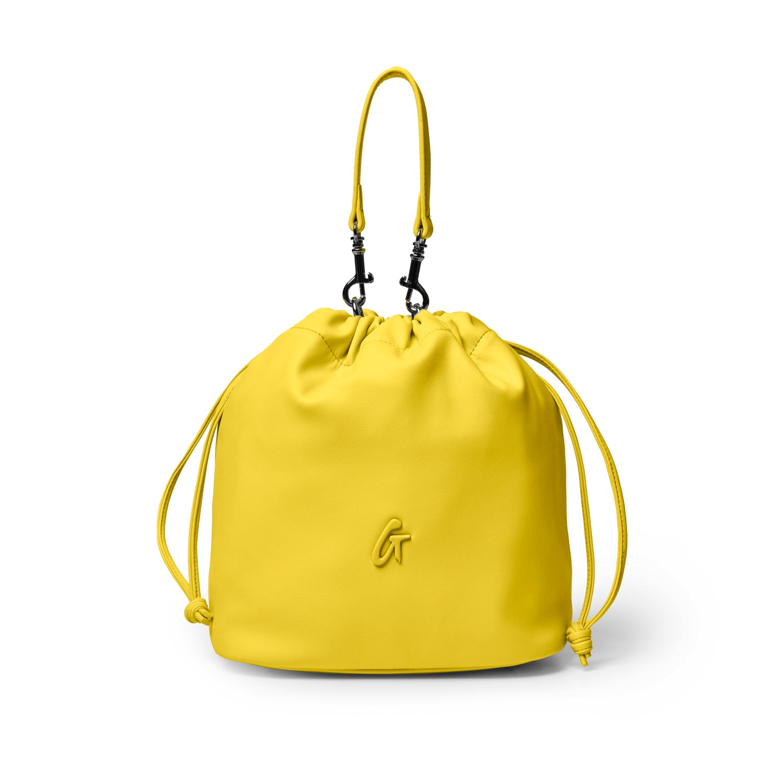 Medium yellow drawstring bucket bag with adjustable straps and a sleek, modern design for stylish versatility.