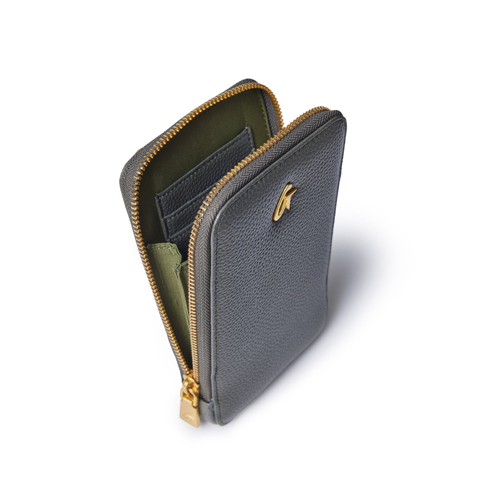 Olive green Pebble Phone Crossbody bag with gold zipper and interior card slots, shown from an angled top view.