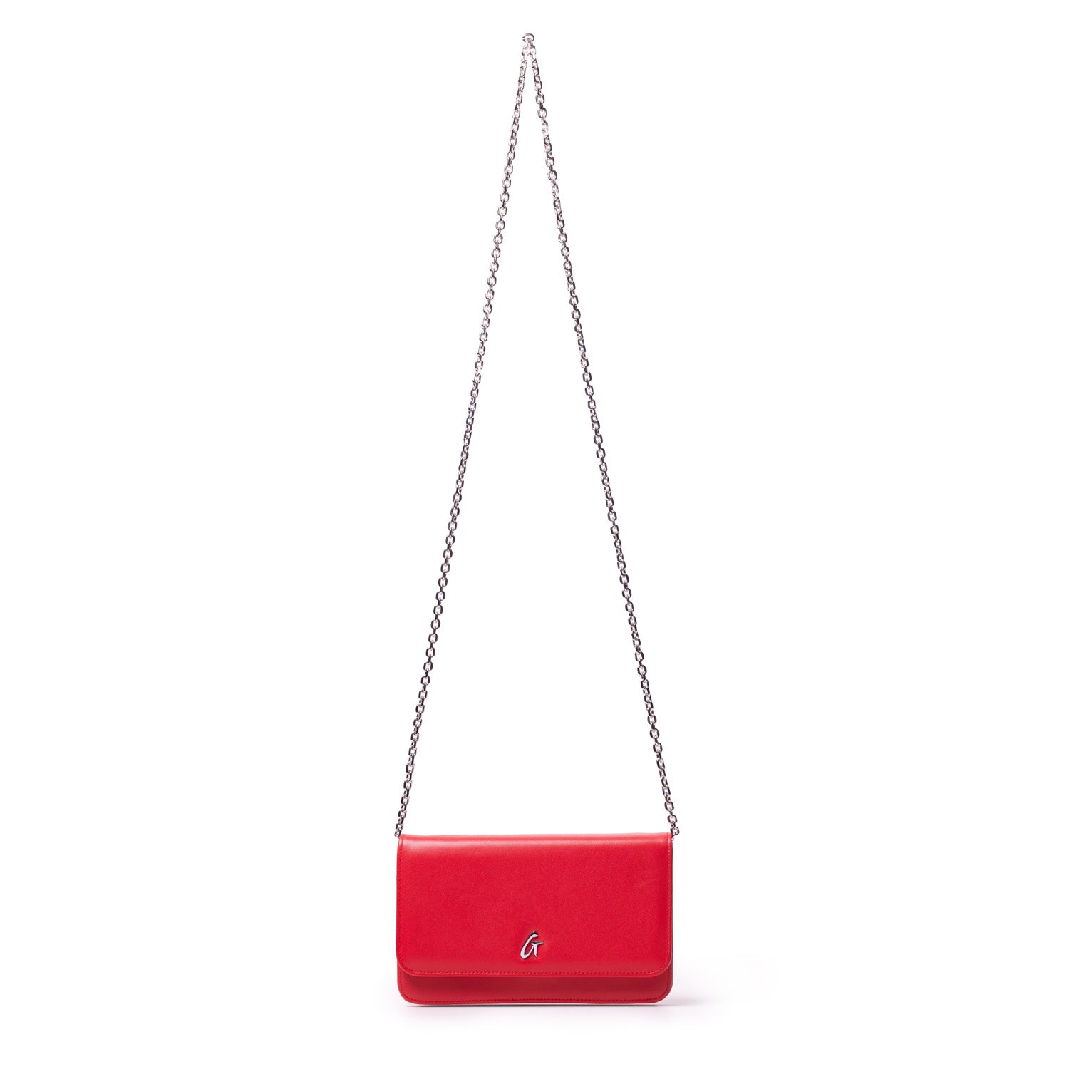 Red leather shoulder bag with a silver chain strap and a silver "G" logo on the front.