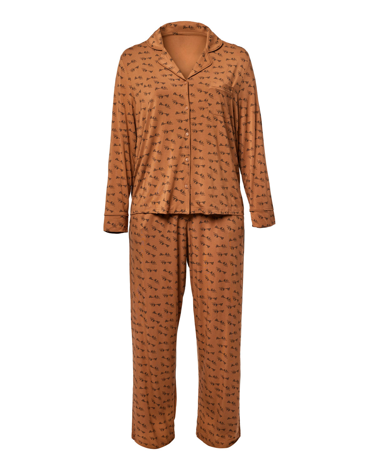 Brown signature pajamas set featuring a button-up top and matching pants with a subtle print, perfect for cozy nights.