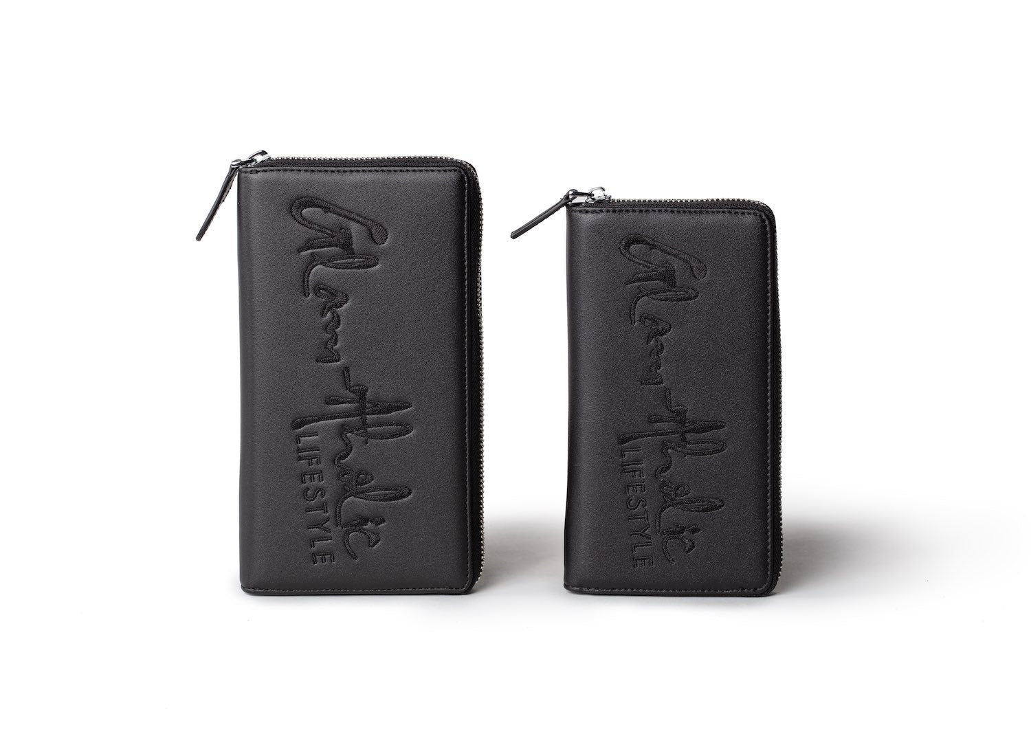 Black leather wallets with embossed "LIFE STYLE" and "LIFE STYLE" text, featuring a zipper closure and large signature logo.