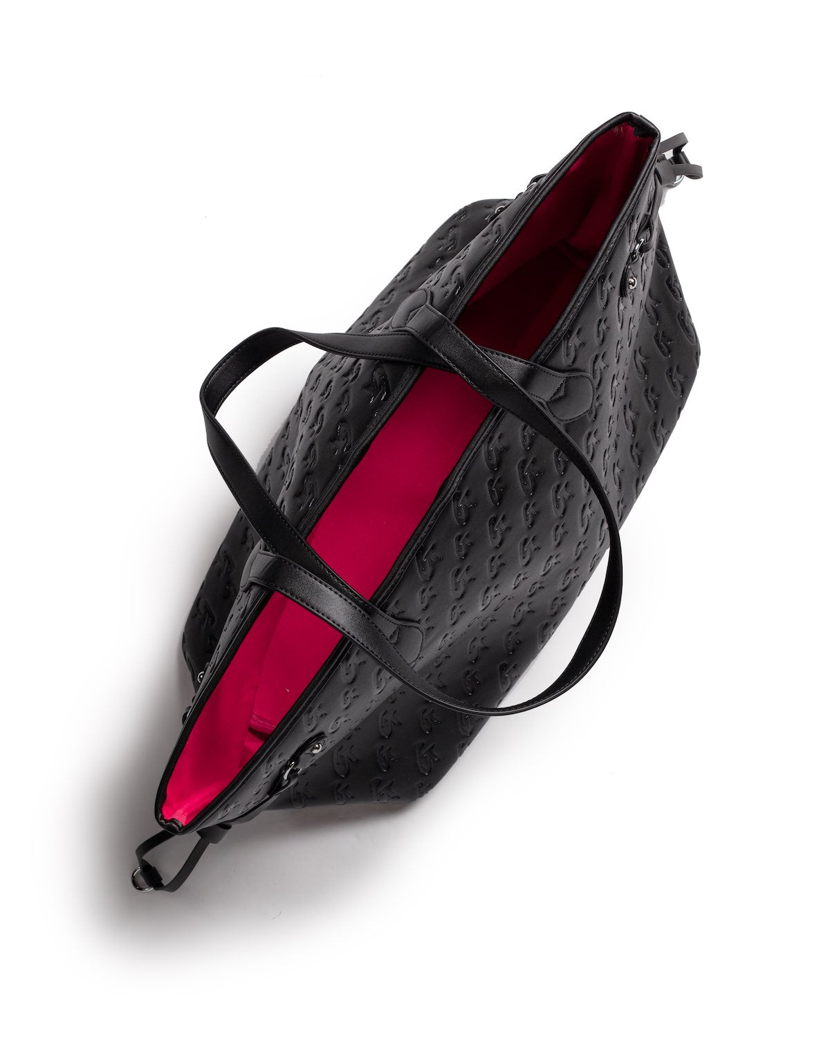 Black and pink monogram tote bag featuring a spacious interior and stylish design, perfect for everyday use.