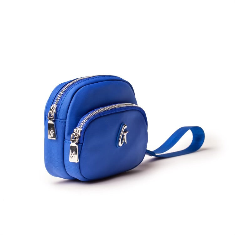 Blue nylon double zip wristlet with silver zippers and a small strap, featuring a metallic logo on the front.