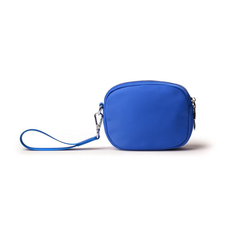 Blue nylon double zip wristlet with detachable strap and silver hardware, compact and stylish for essentials.