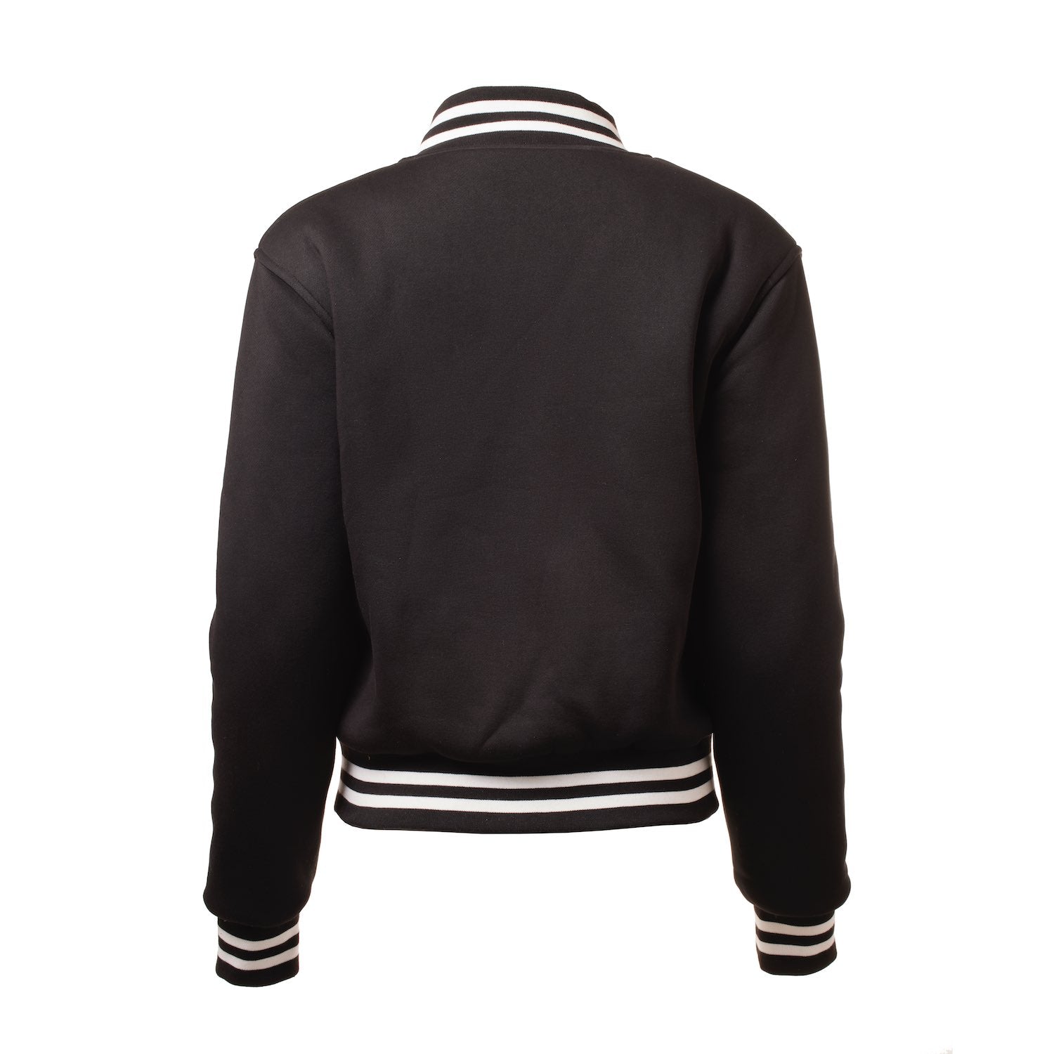 Black varsity jacket with striped collar, cuffs, and waistband, featuring a classic athletic design and snap button closure.