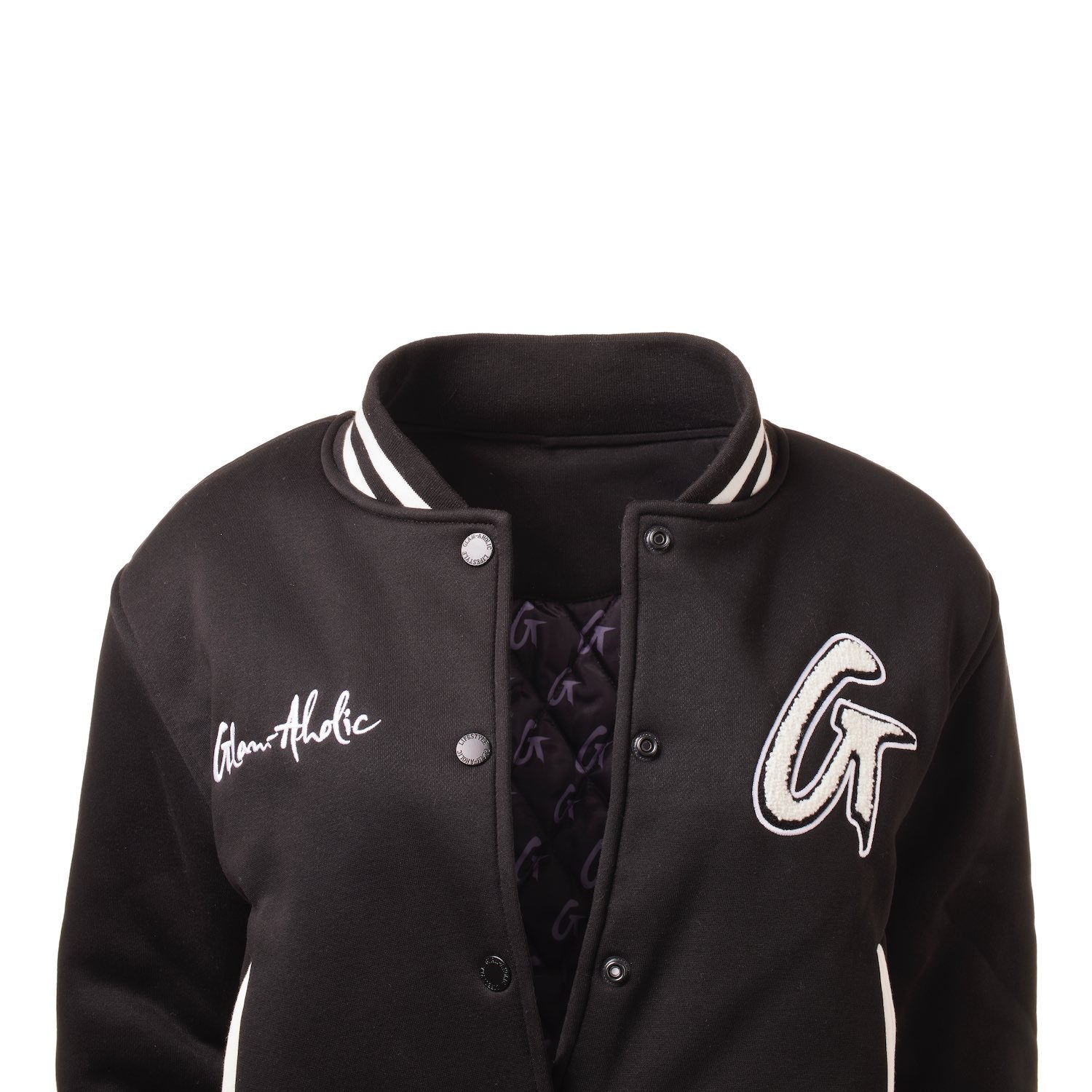 Black varsity jacket with embroidered "GlamAholic" and "G" patches, ribbed collar, and snap button closure.