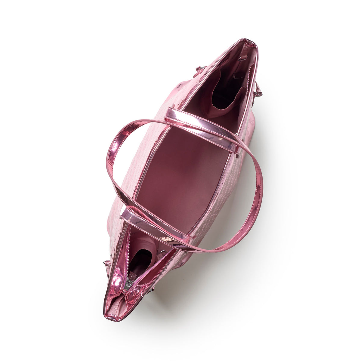 Metallic pink monogram travel set featuring a spacious tote with sleek handles and a stylish interior.