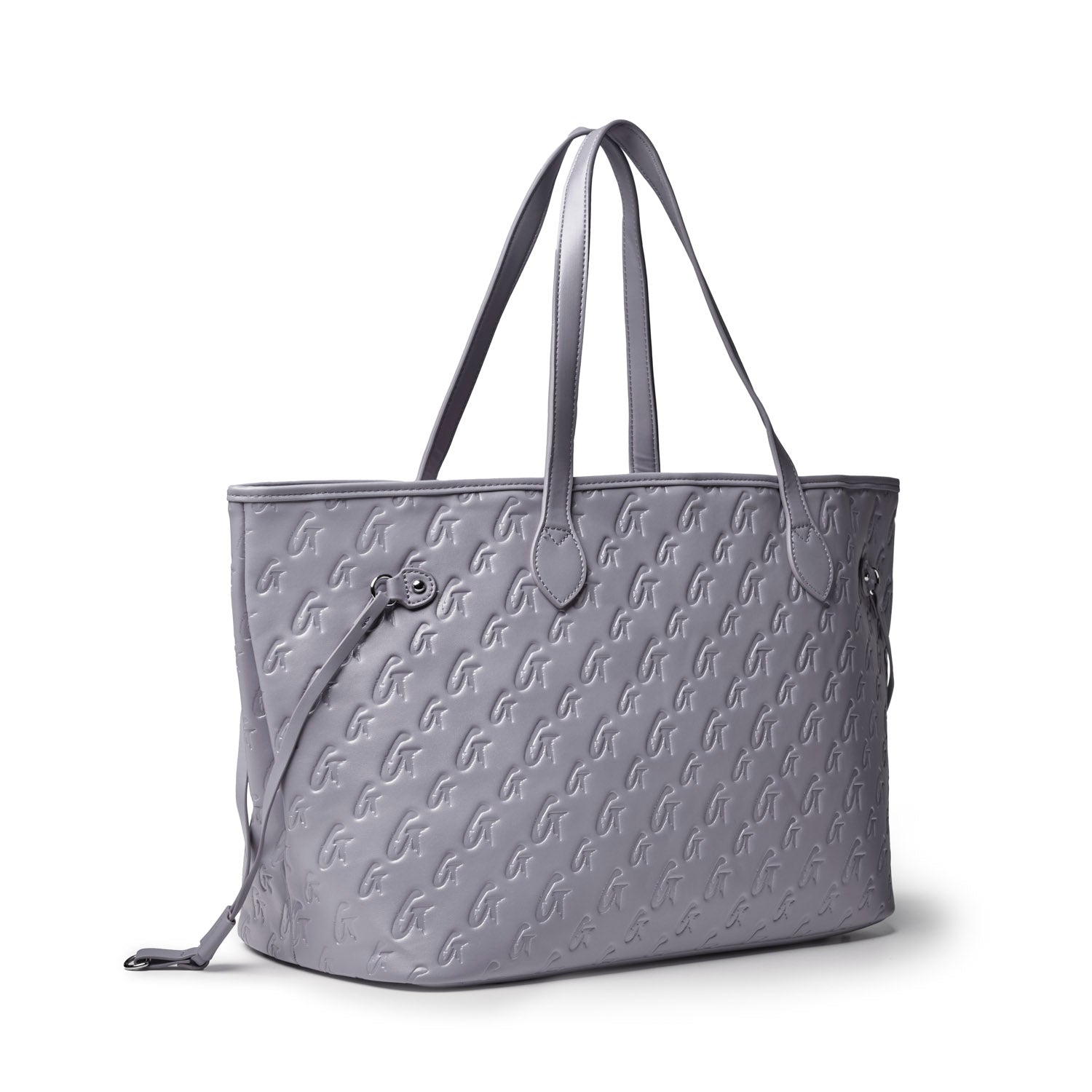 Gray monogram tote bag with embossed logo, featuring dual handles and a spacious interior for everyday essentials.