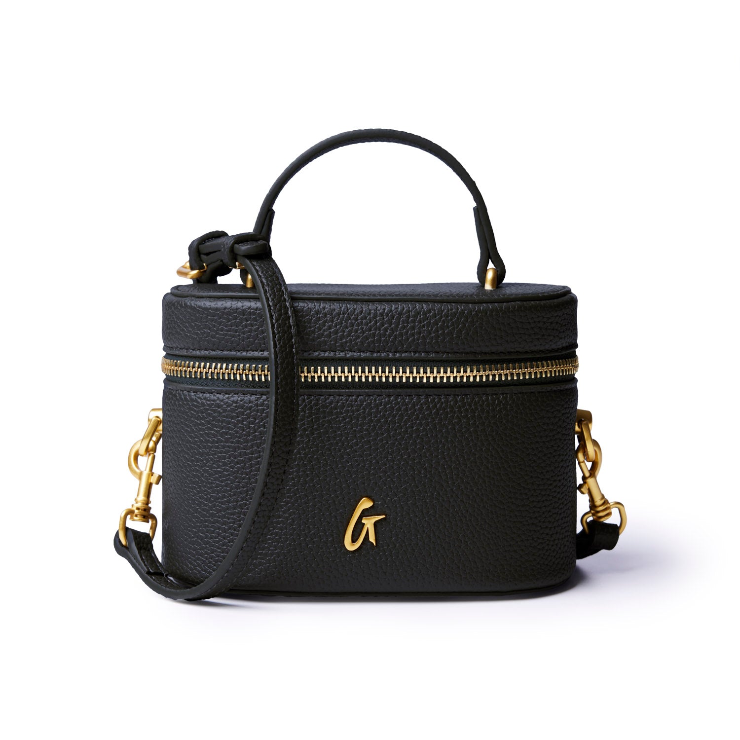 Mini pebble vanity bag in black with gold hardware and a detachable strap, perfect for stylish organization.