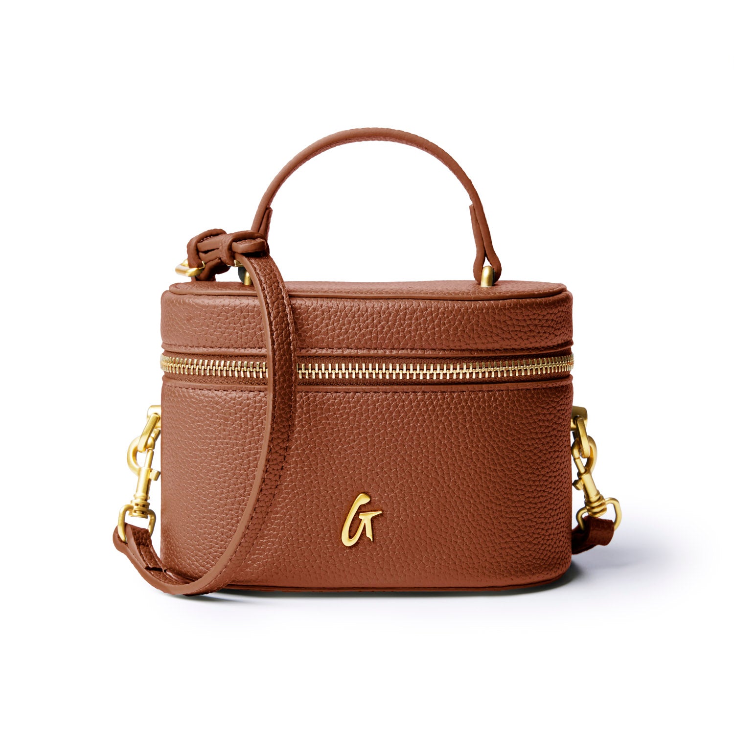 Brown mini pebble vanity bag with a gold zipper and logo, featuring a top handle and detachable shoulder strap.