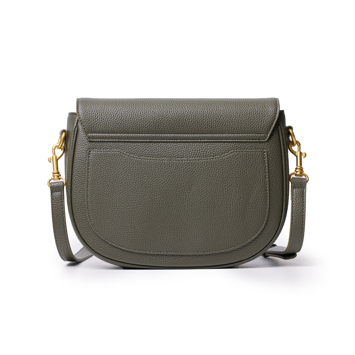 Large olive green pebble shoulder bag with a front pocket, gold hardware, and adjustable strap.