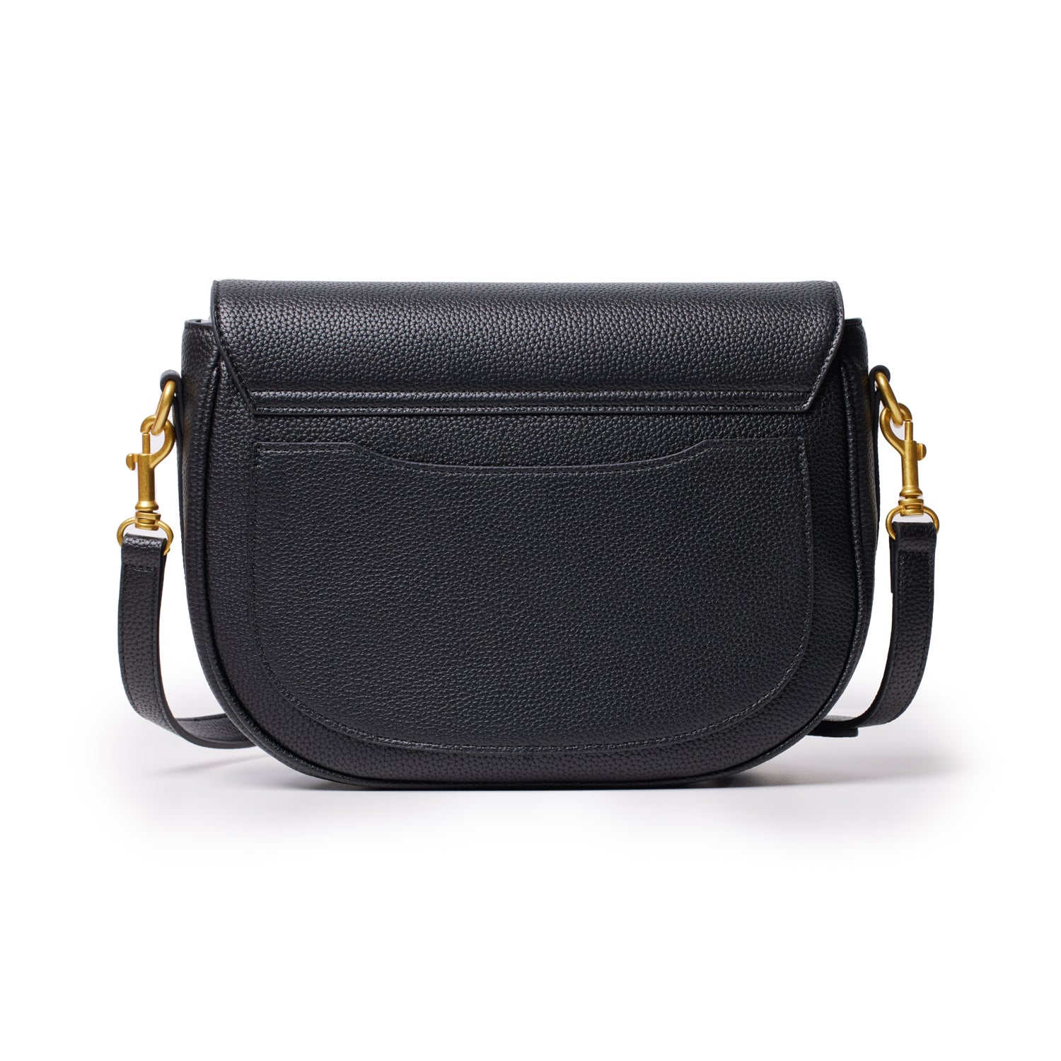 Black large pebble shoulder bag with a curved shape, front pocket, and gold-tone hardware on adjustable strap.
