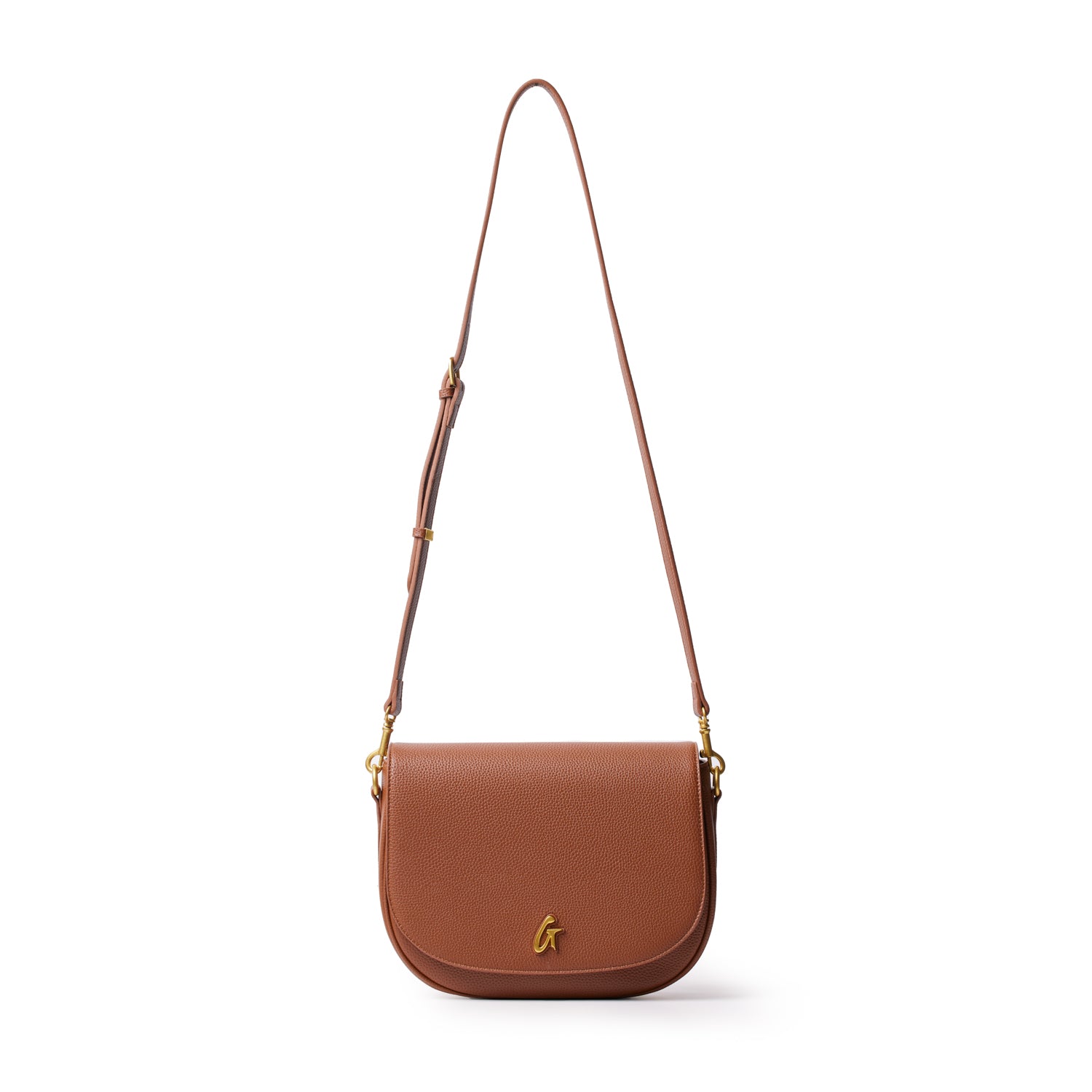 Large brown pebble shoulder bag with a gold logo, adjustable strap, and textured leather finish.