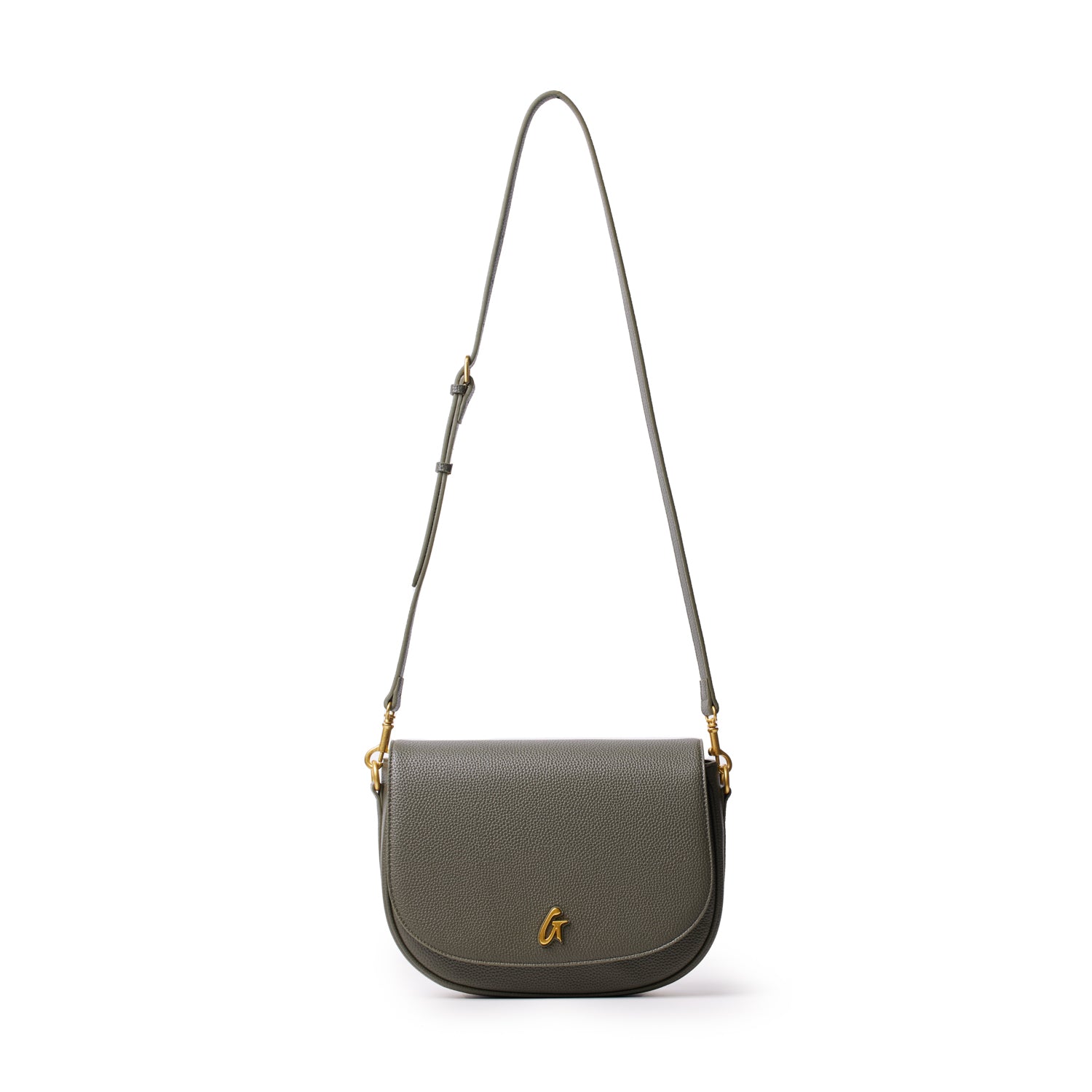 Large olive green pebble shoulder bag with a gold "G" logo, adjustable strap, and textured leather finish.