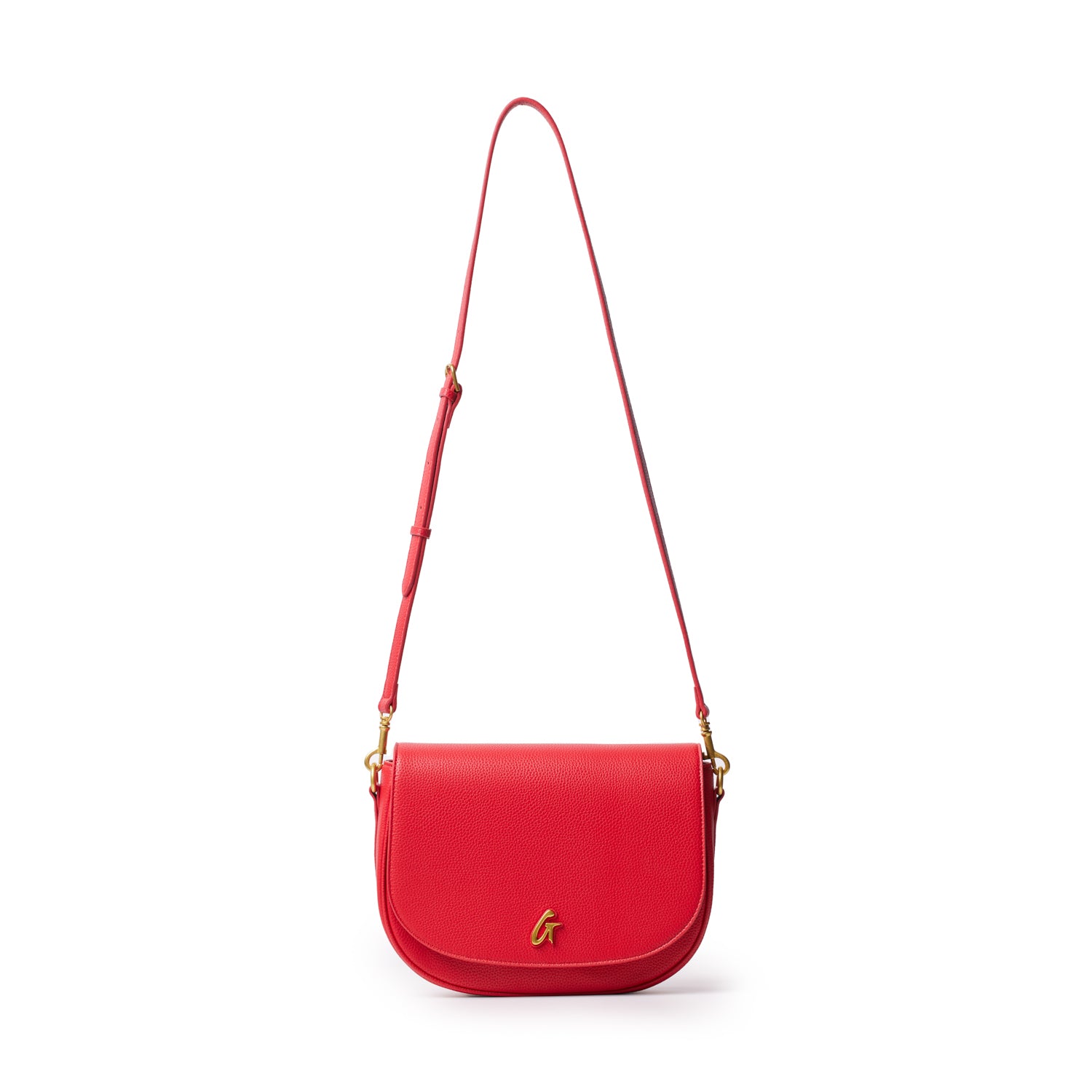Large red pebble shoulder bag with a gold logo, adjustable strap, and rounded flap design.