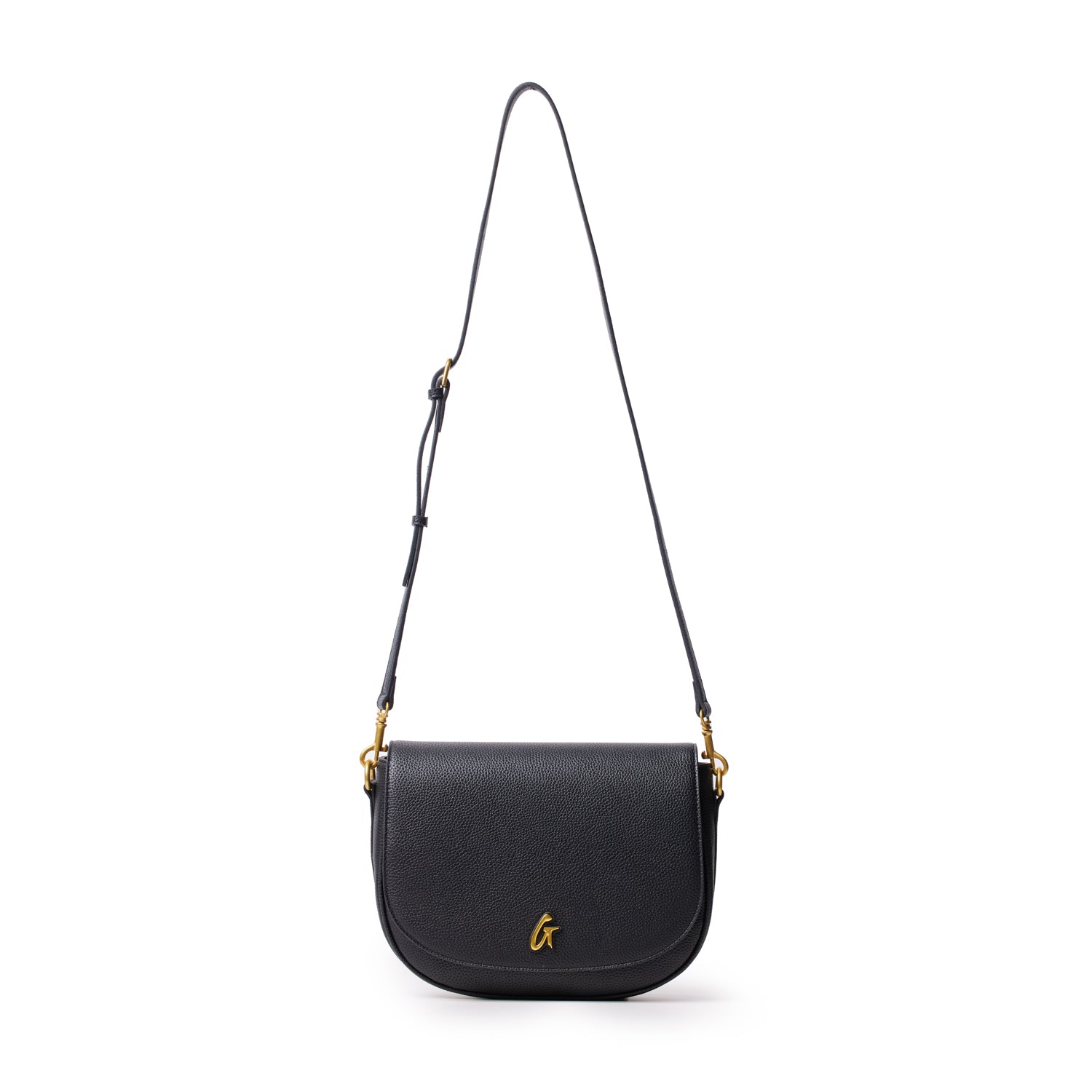 Black large pebble shoulder bag with a gold logo, adjustable strap, and textured leather finish.