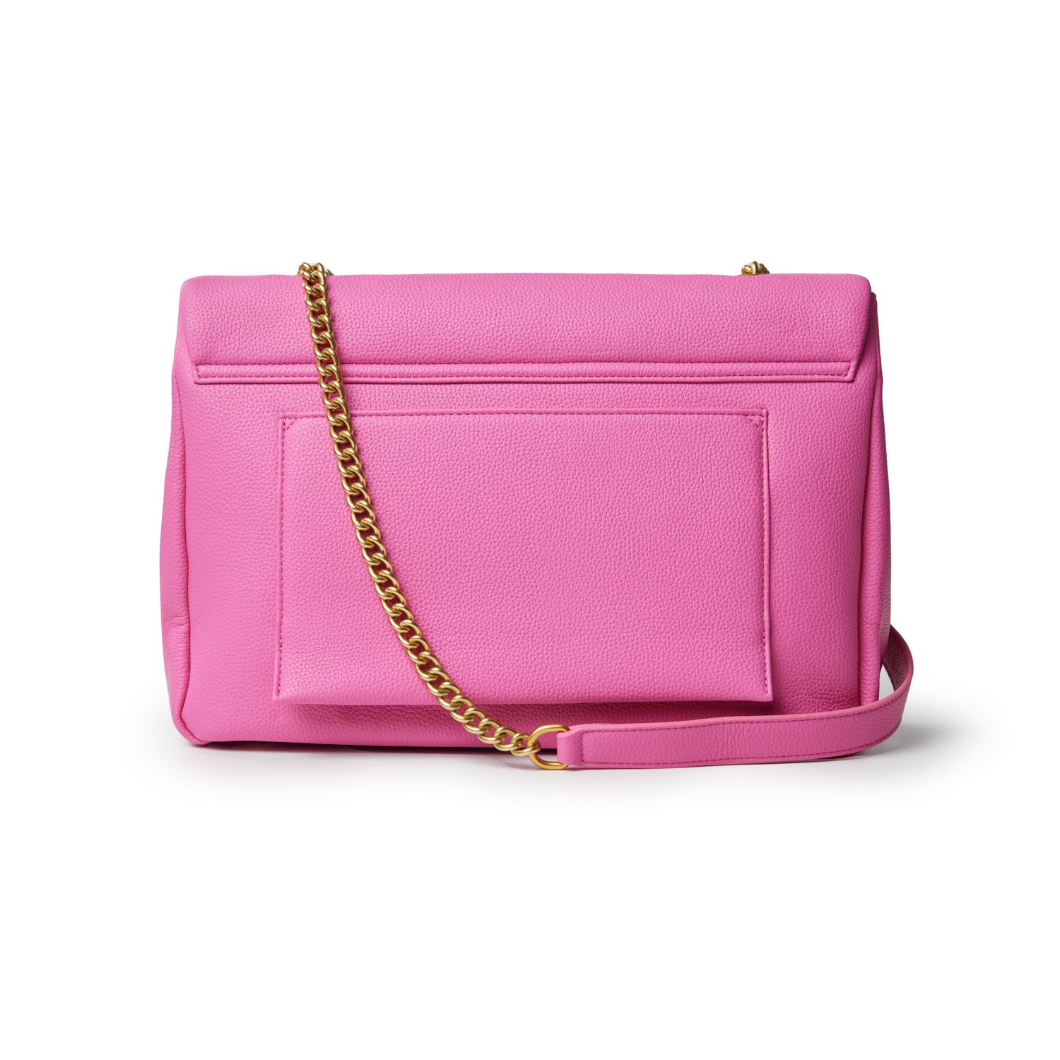 Large hot pink pebble flap bag with a gold chain strap and front pocket, stylish and vibrant accessory.