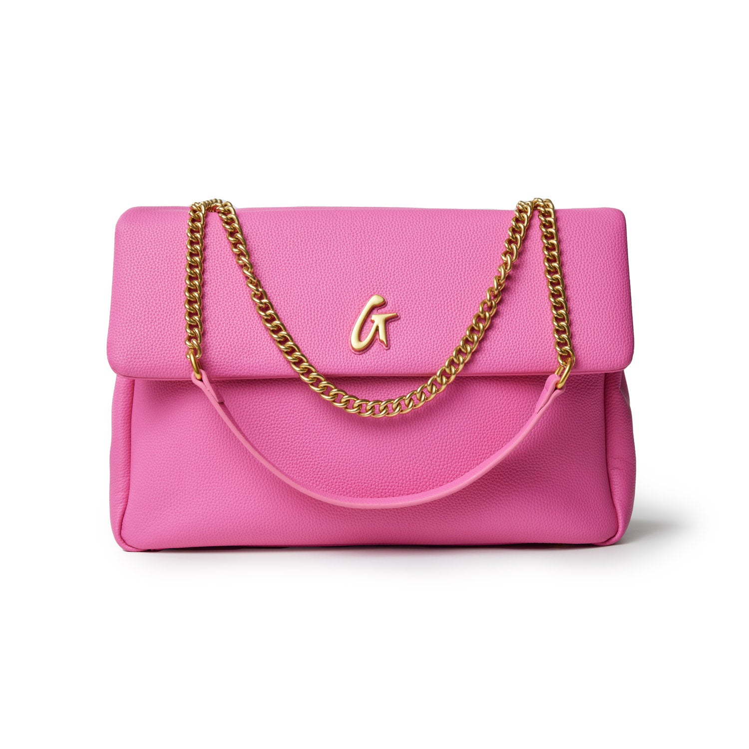 Large hot pink pebble flap bag with a gold chain strap and a gold "G" logo on the front.