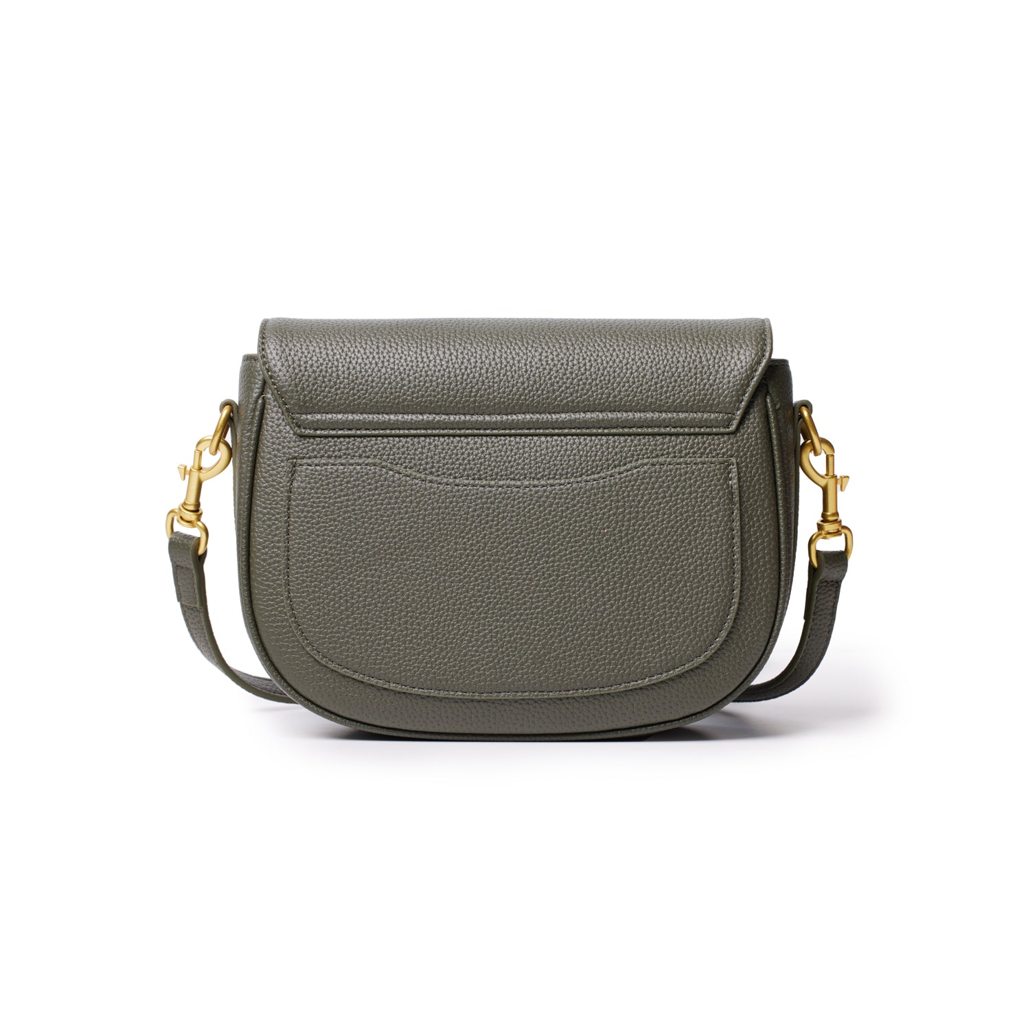 Medium olive green pebble leather shoulder bag with gold-tone hardware and adjustable strap.