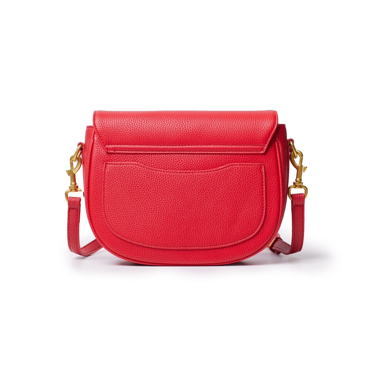 Medium red pebble leather shoulder bag with a front pocket, gold hardware, and adjustable strap.