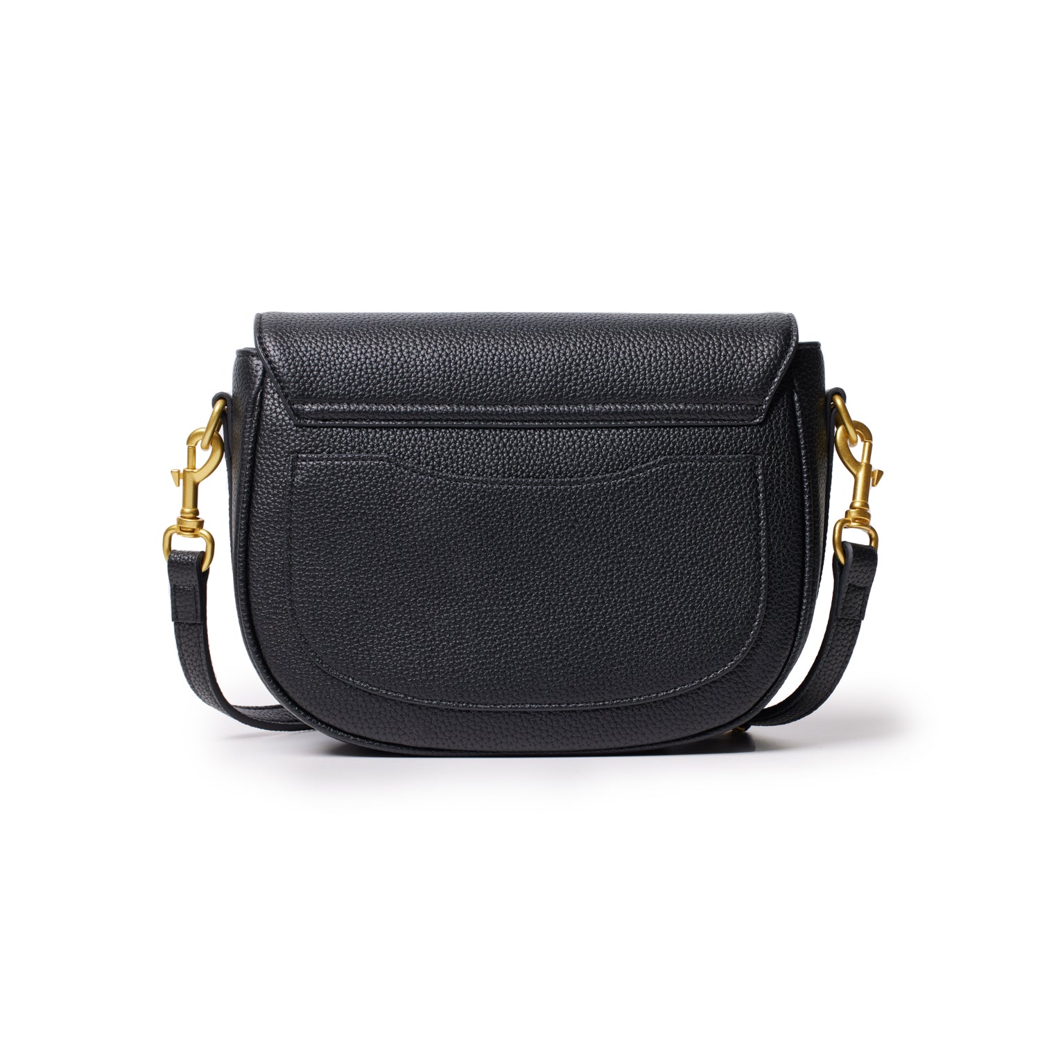 Medium black pebble leather shoulder bag with a front pocket and gold-tone hardware, adjustable strap for versatile wear.