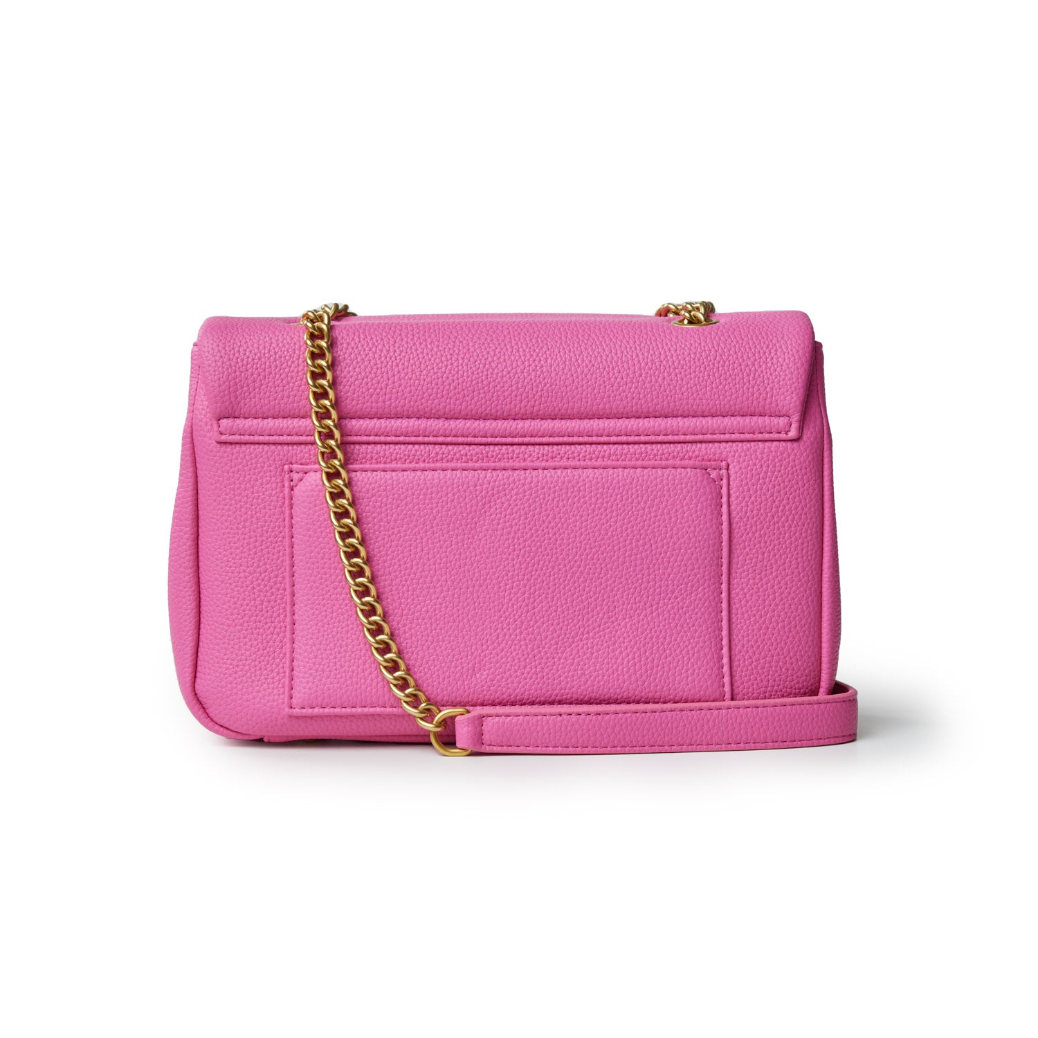Medium hot pink pebble flap bag with a gold chain strap and textured leather finish.