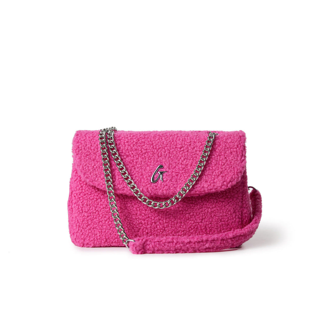 Medium hot pink teddy flap bag with a silver chain strap and a small "G" logo on the front.