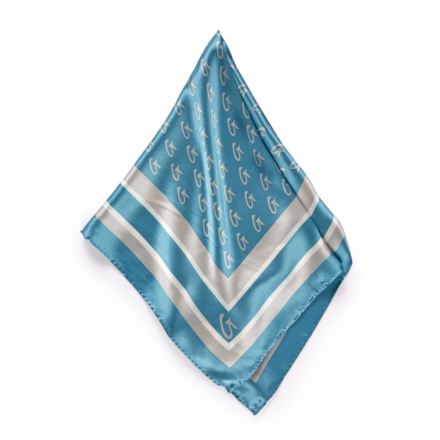 Medium silk scarf in blue and silver with a monogram pattern and border design.