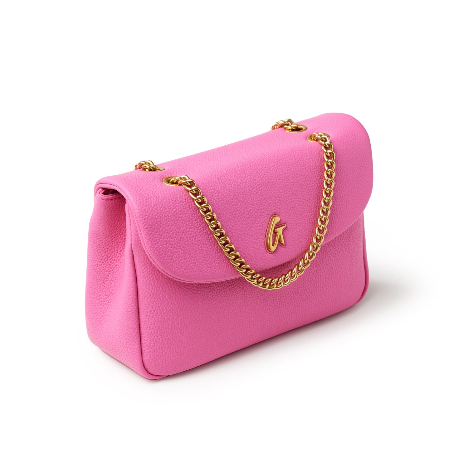Medium hot pink pebble leather flap bag with gold chain strap and a gold "G" logo on the front.