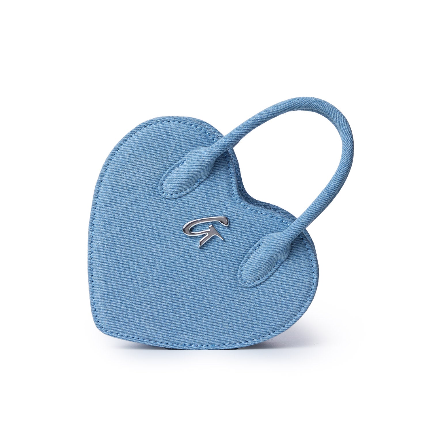 Mini denim heart-shaped bag with a silver logo, featuring a small handle and a cute, casual design.