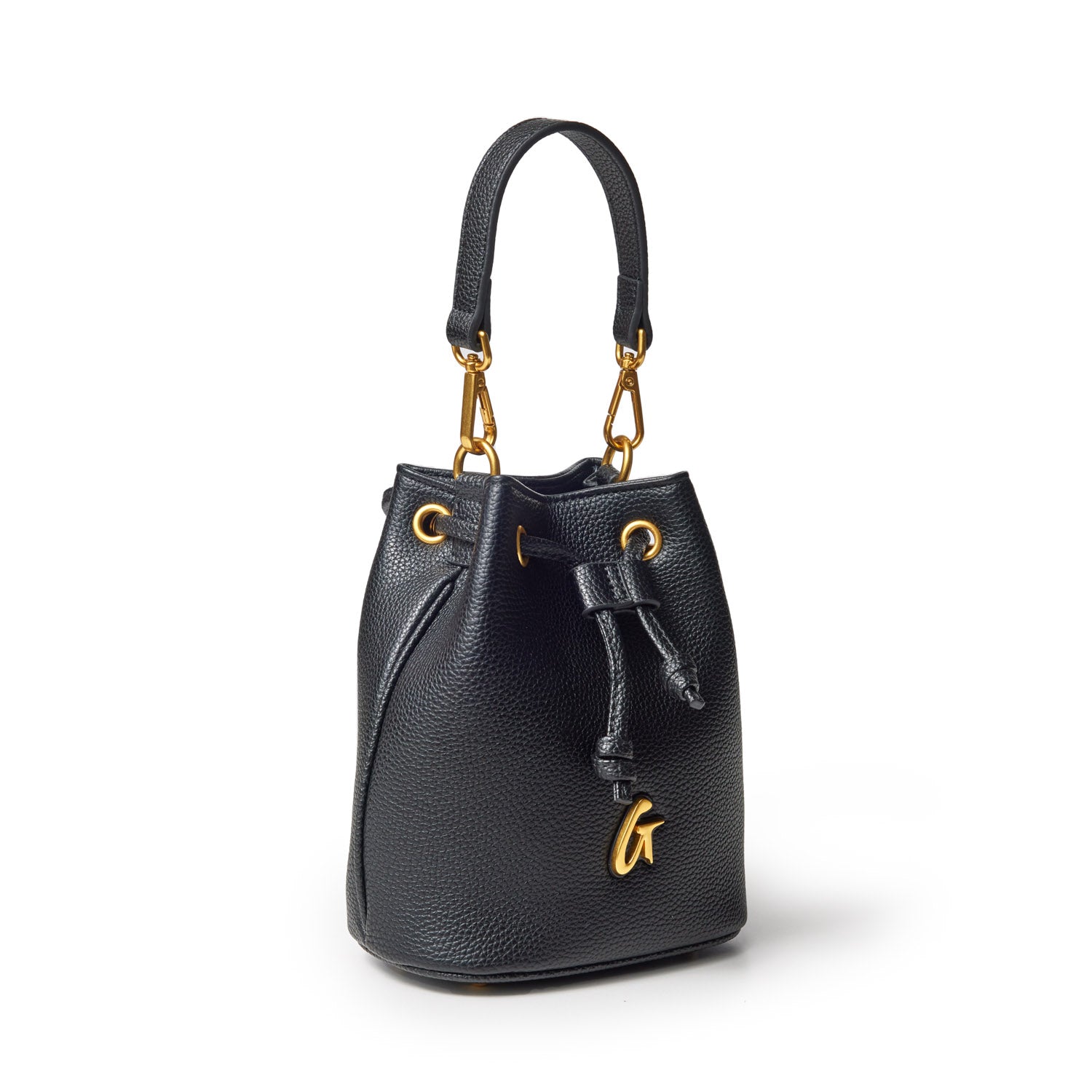 Mini black pebble bucket bag with gold hardware, drawstring closure, and a top handle for versatile style.