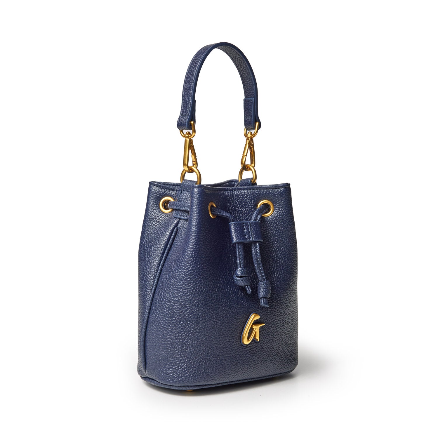 Mini pebble bucket bag in navy with gold hardware, adjustable strap, drawstring closure, and a gold "G" logo charm.