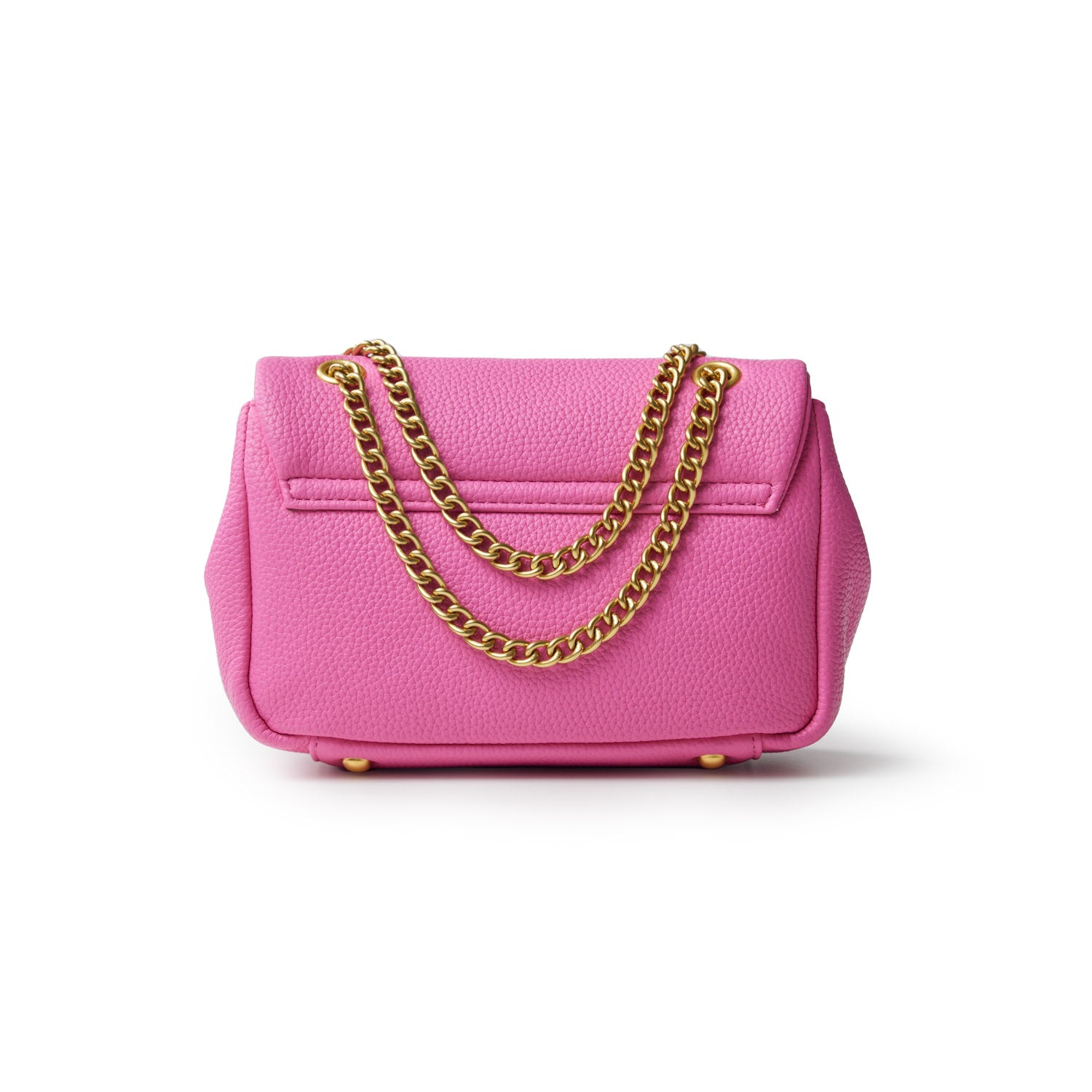 Mini pebble flap bag in hot pink with a textured surface and gold chain strap, stylish and compact accessory.