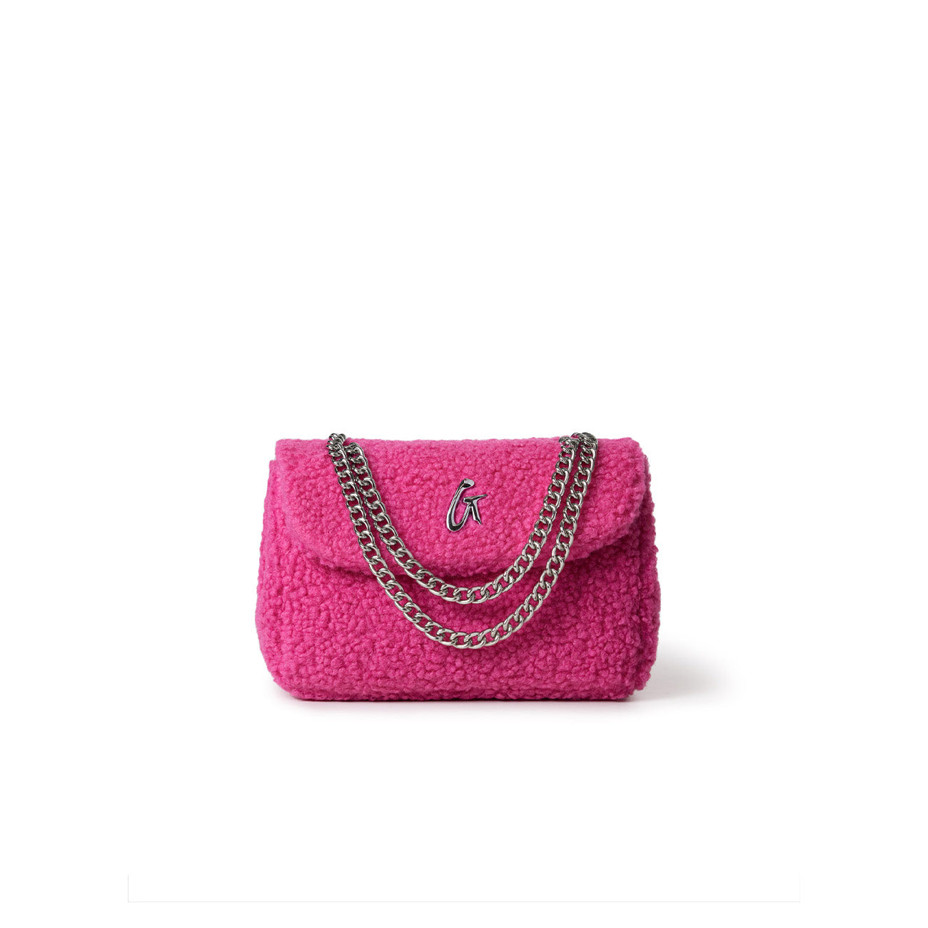 Mini teddy flap bag in hot pink with silver chain straps and a small logo on the front.